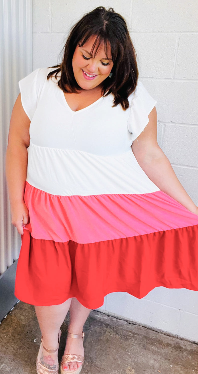 Peach & Cherry Red Tiered Frill Sleeve Midi Dress - Charming Charlie