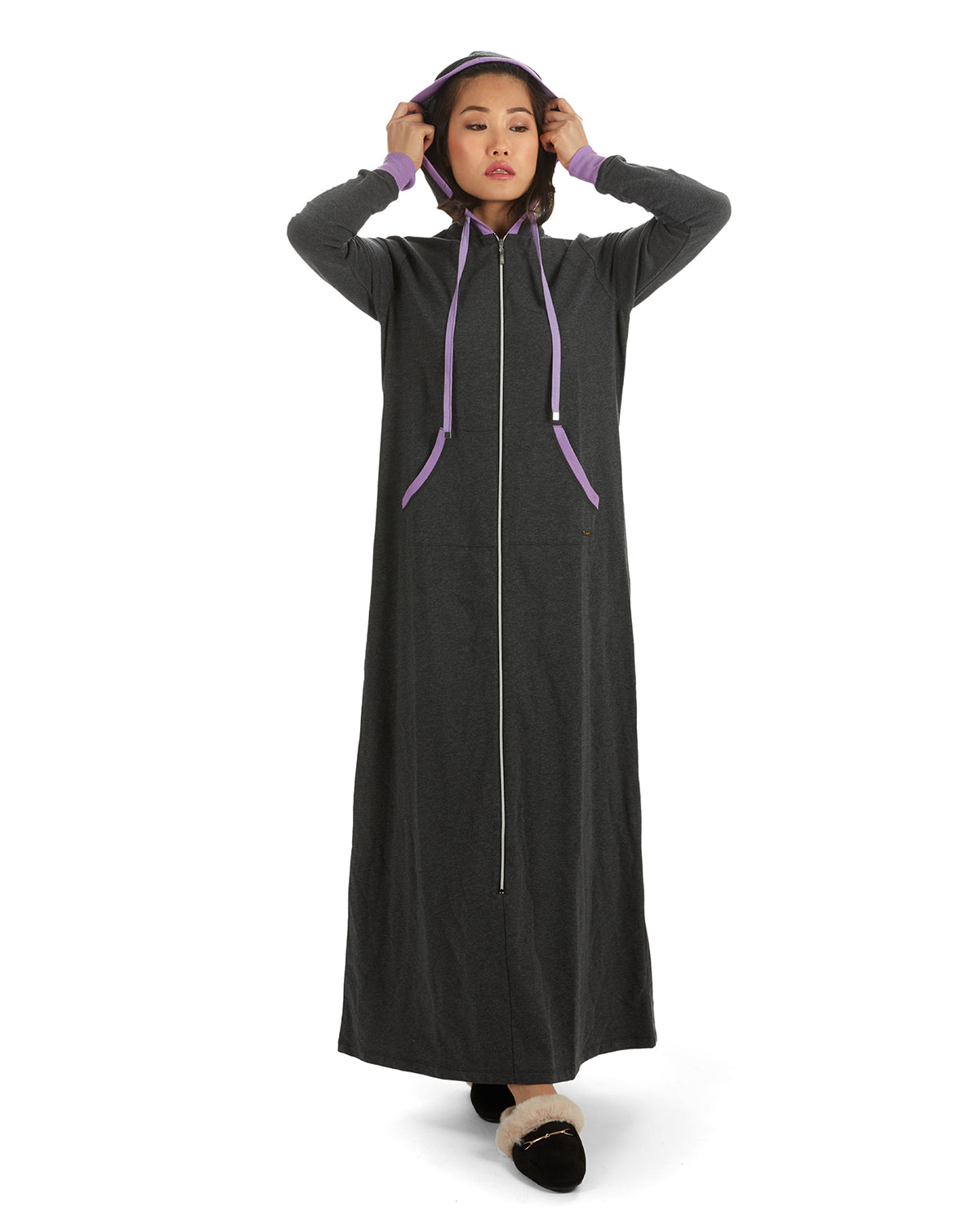 Women's Colorblock Cotton Blend Zippered Full Length Lounger Gown - Charming Charlie
