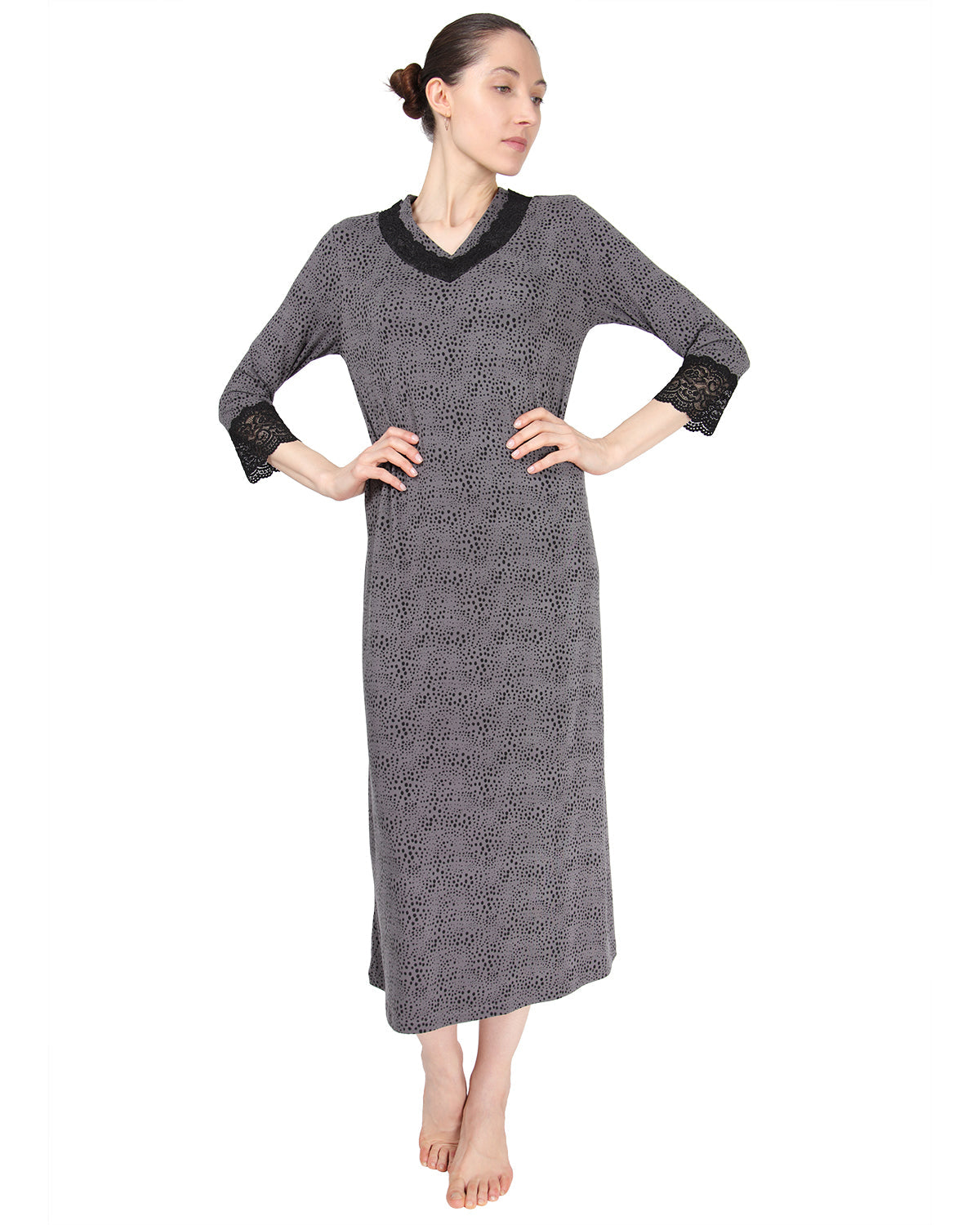 Women's Three Quarter Sleeve Nightgown with Lace Trim - Charming Charlie