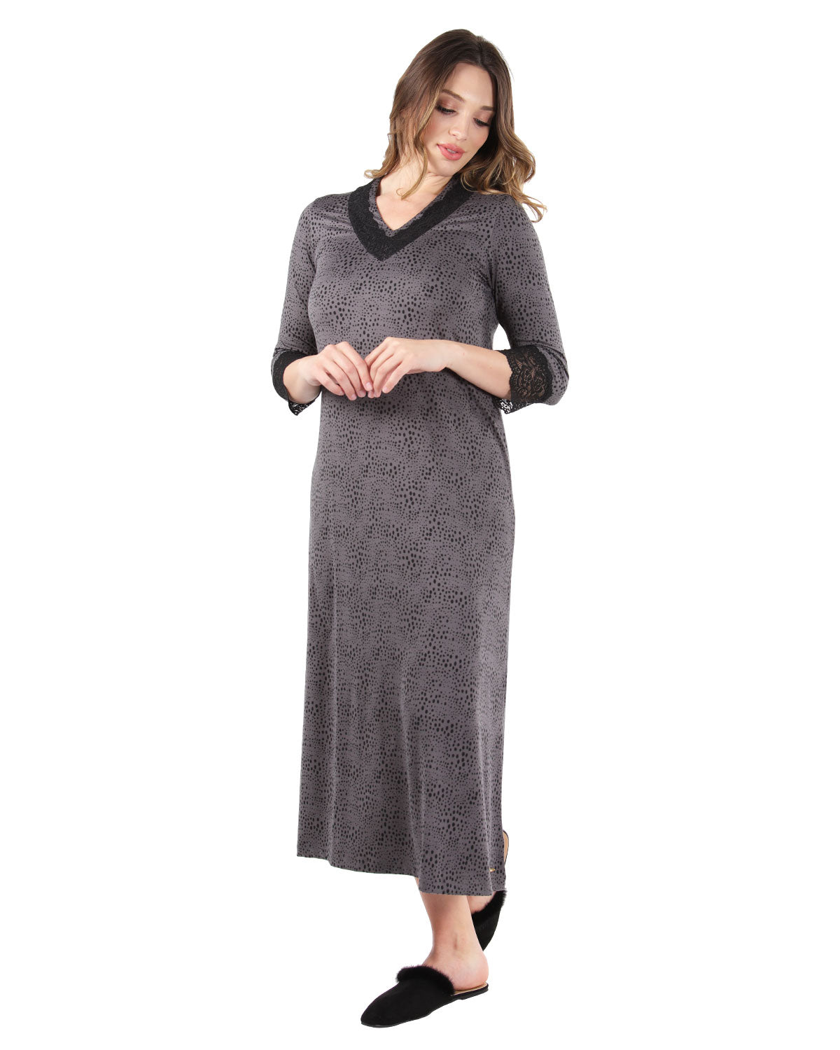 Women's Three Quarter Sleeve Nightgown with Lace Trim - Charming Charlie