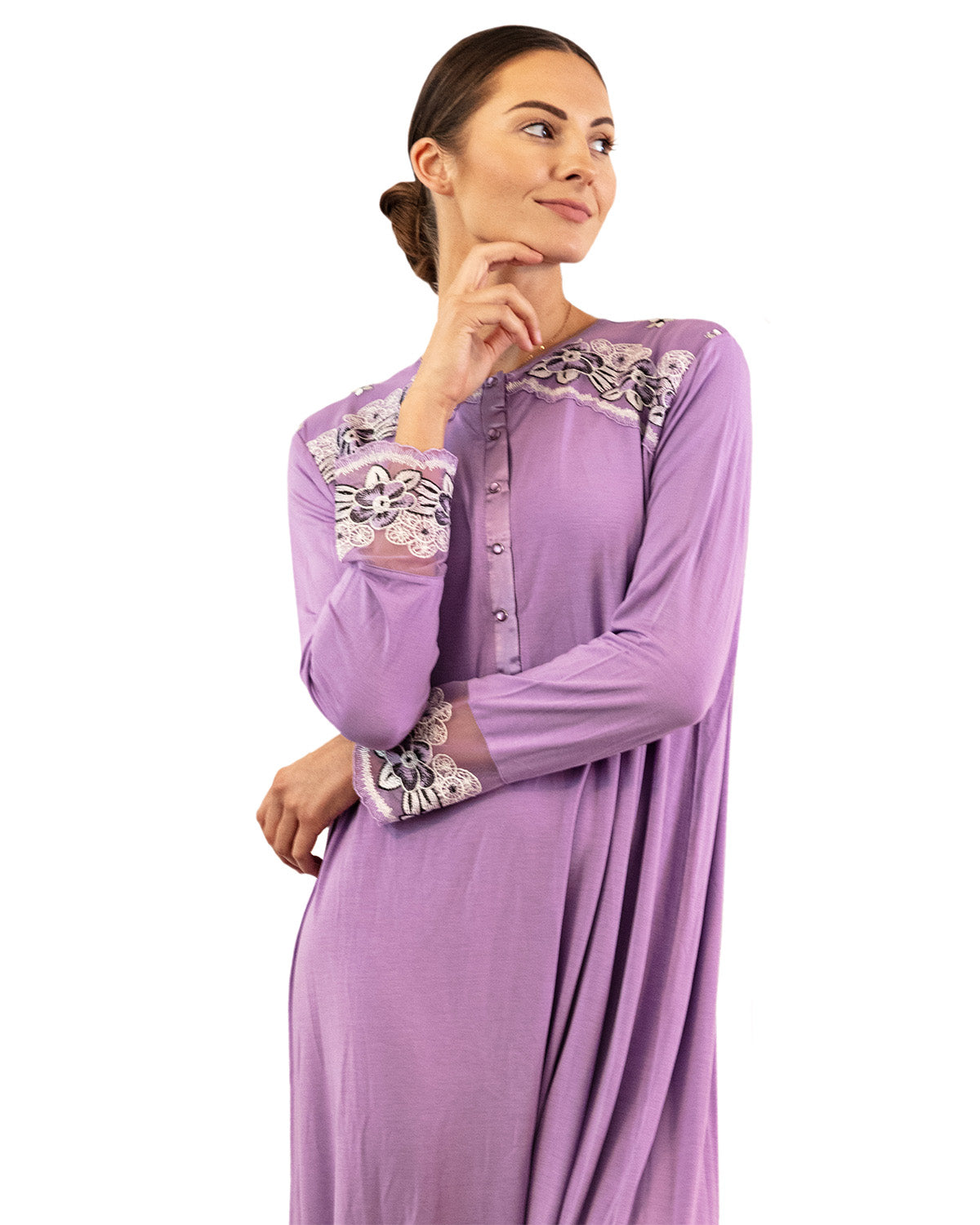 Women's Modest Lace Cuff and Shoulder Accent Ankle Length Nightgown - Charming Charlie