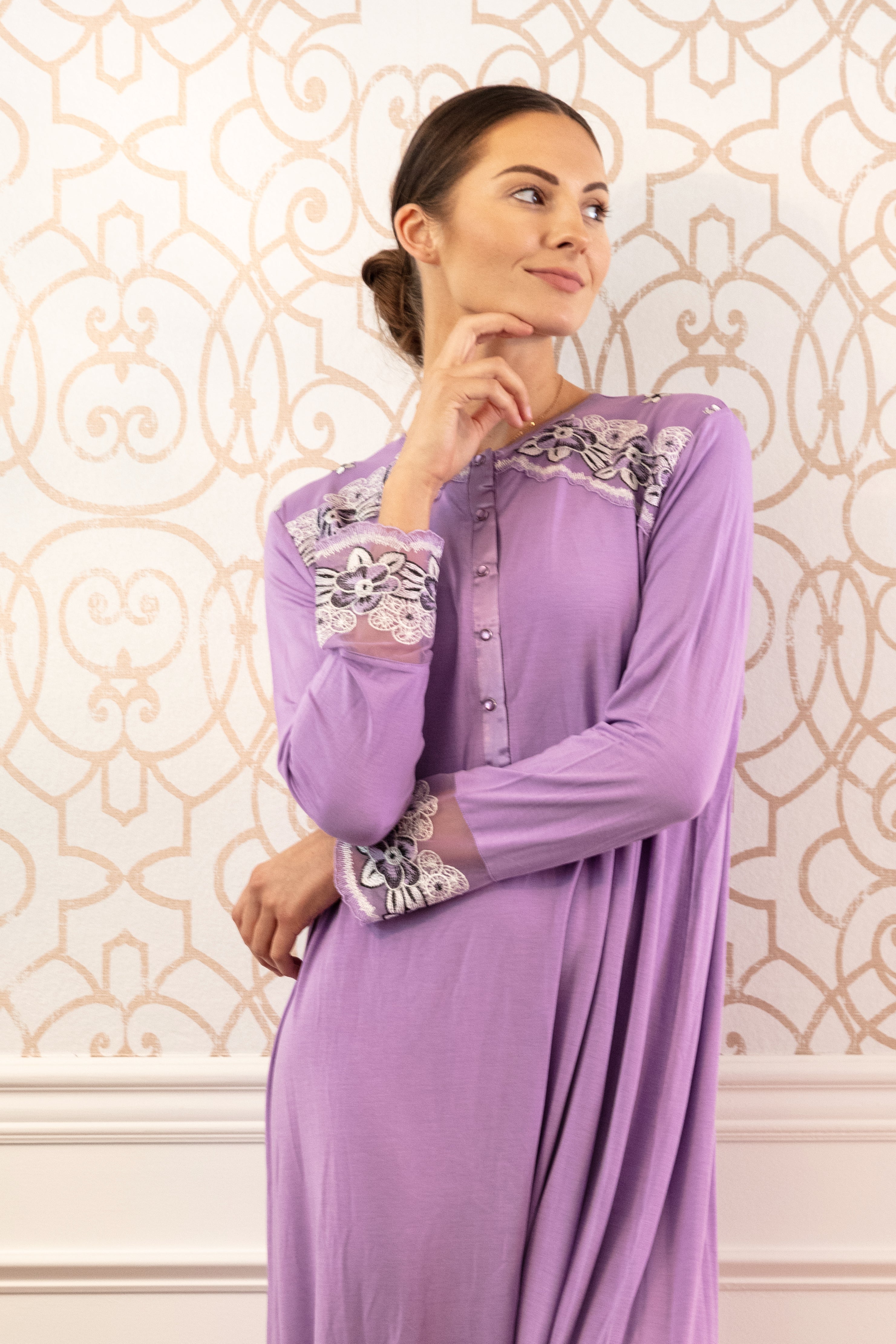 Women's Modest Lace Cuff and Shoulder Accent Ankle Length Nightgown - Charming Charlie