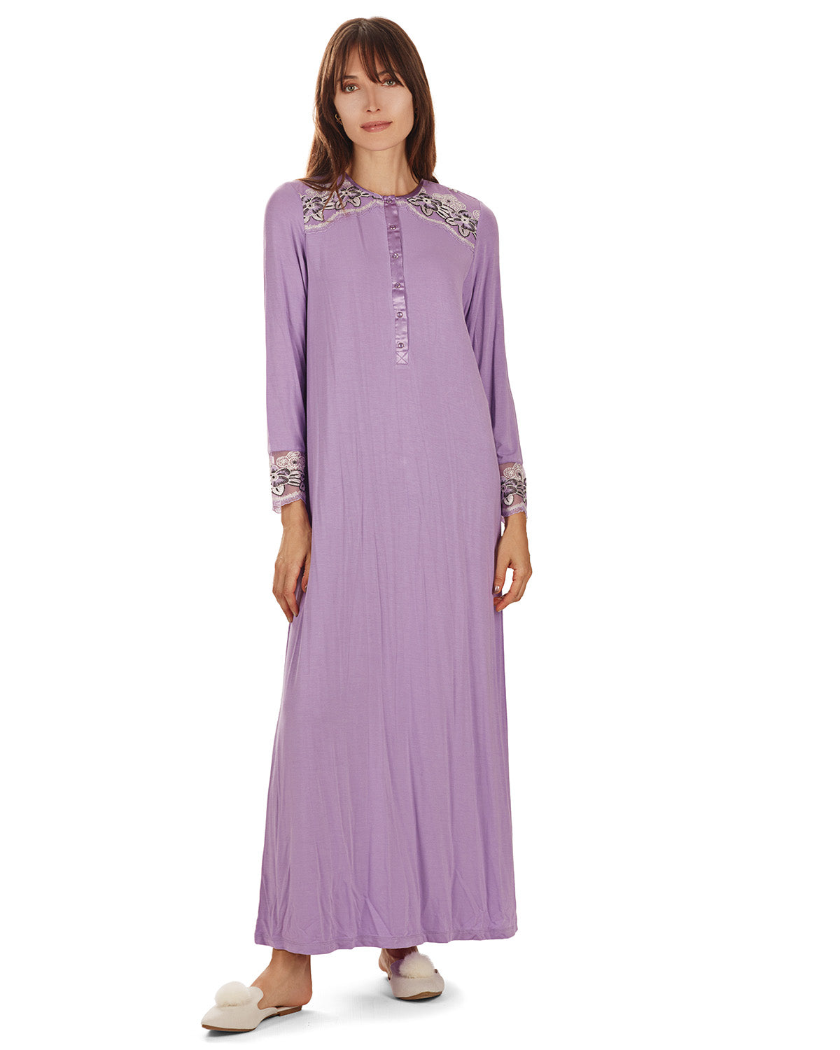 Women's Modest Lace Cuff and Shoulder Accent Ankle Length Nightgown - Charming Charlie