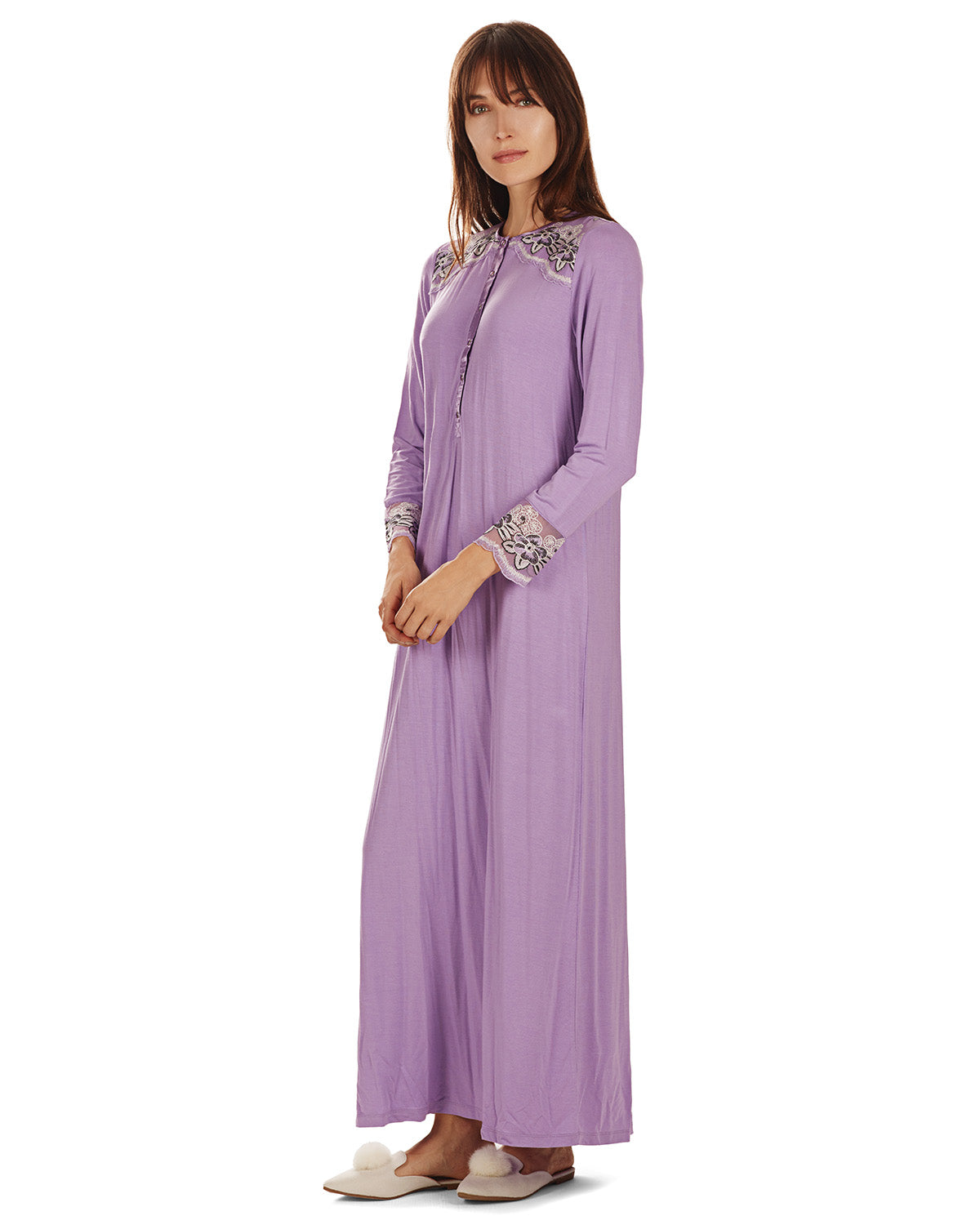 Women's Modest Lace Cuff and Shoulder Accent Ankle Length Nightgown - Charming Charlie