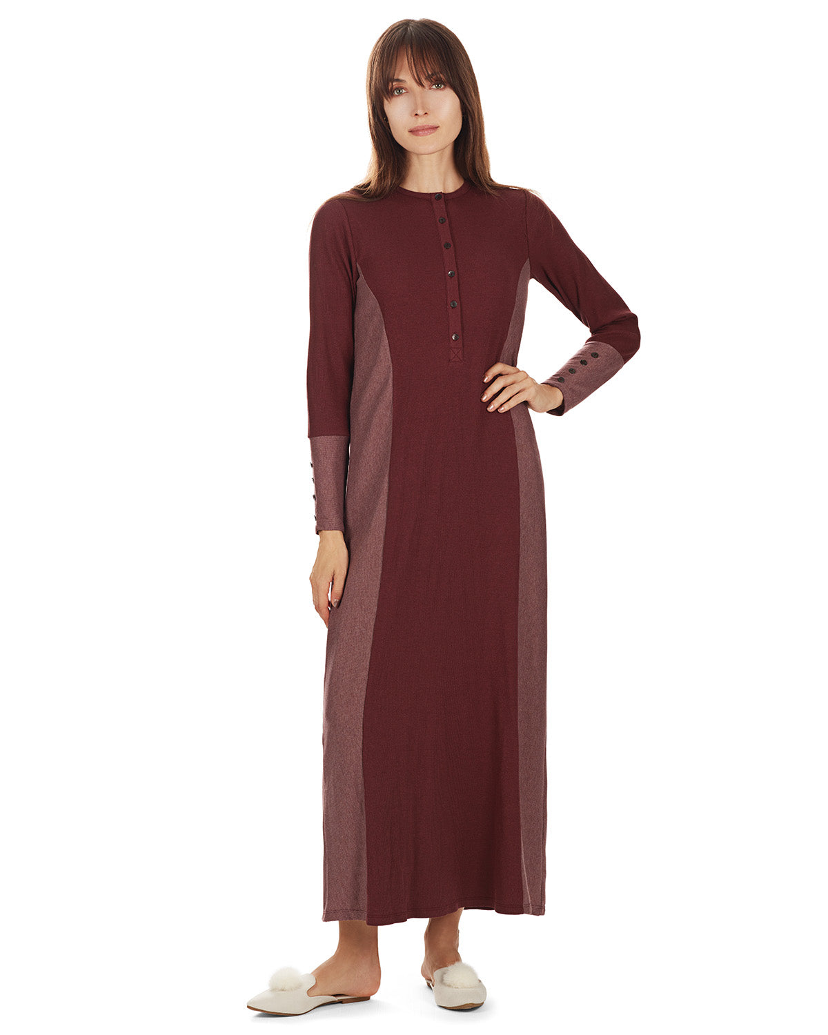 Women's Modest Henley-Style Full-Length Ribbed Nightgown - Charming Charlie