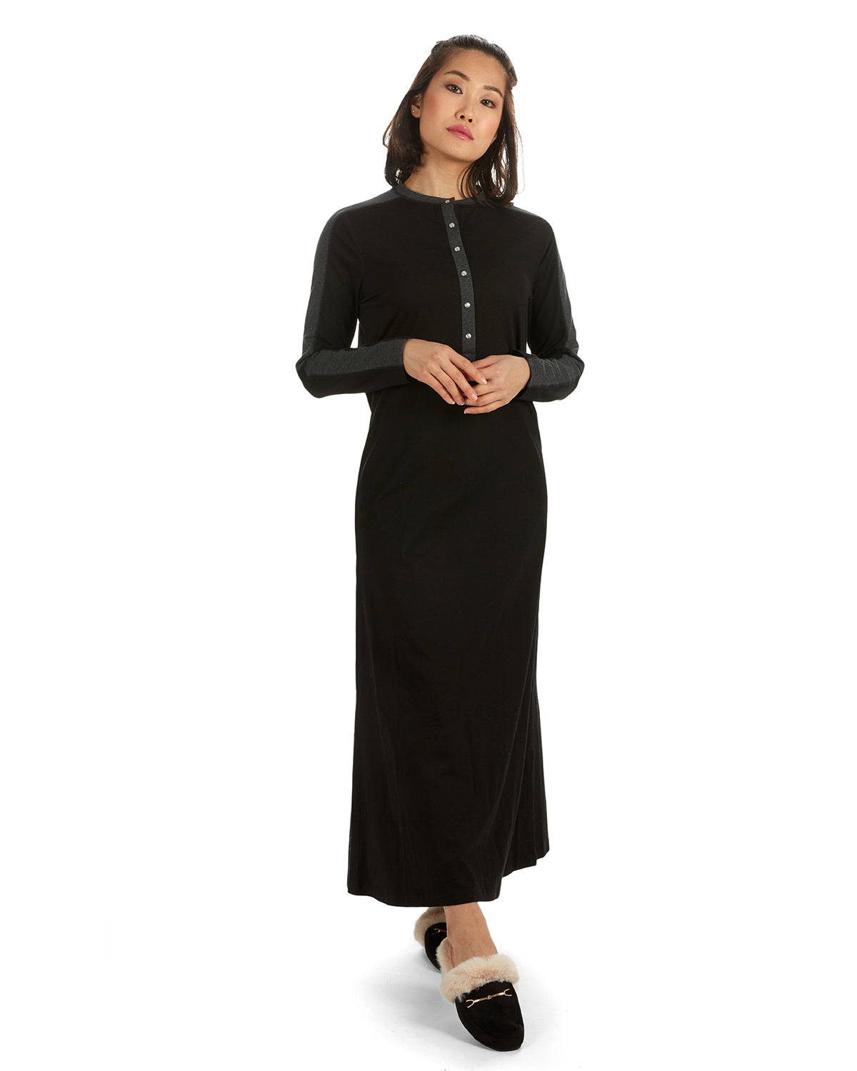 Women's Modest Long Placket Ankle-Length Cotton Blend Gown - Charming Charlie