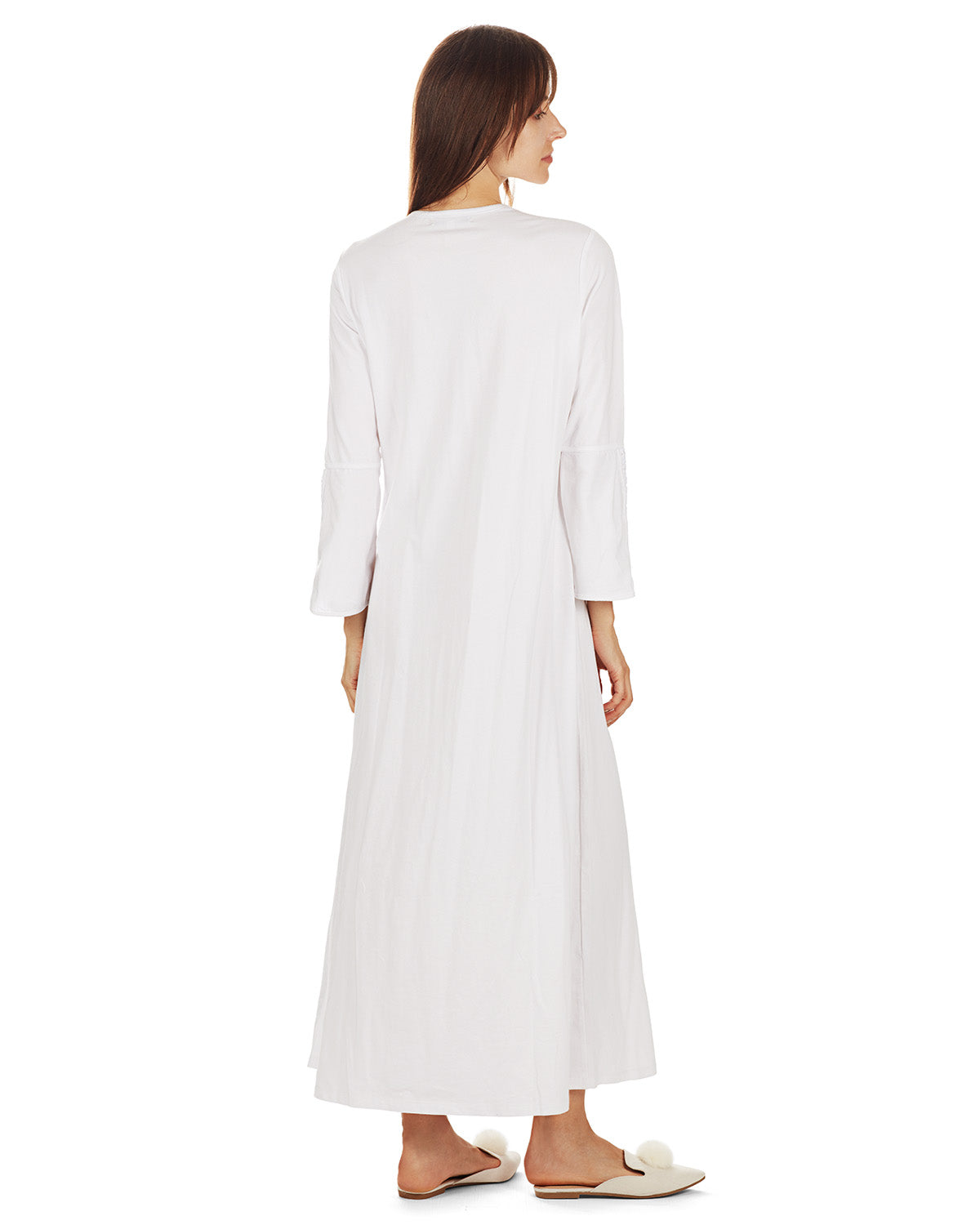 Women's Bell Sleeve Trimmed Long Cotton Blend Placket Gown - Charming Charlie