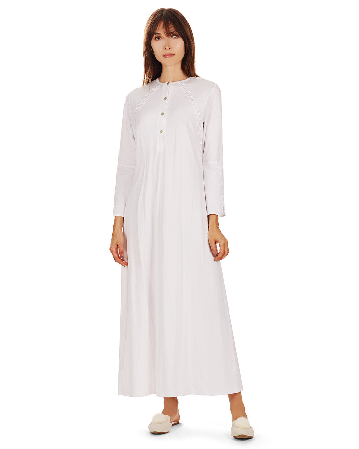 Women's Bell Sleeve Trimmed Long Cotton Blend Placket Gown - Charming Charlie