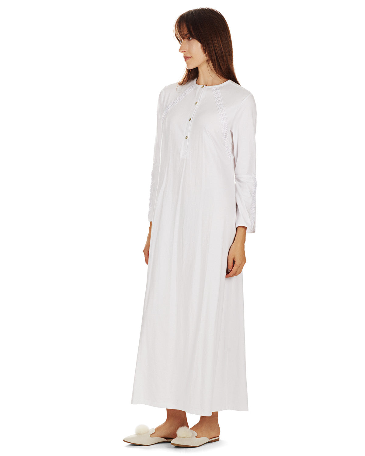 Women's Bell Sleeve Trimmed Long Cotton Blend Placket Gown - Charming Charlie