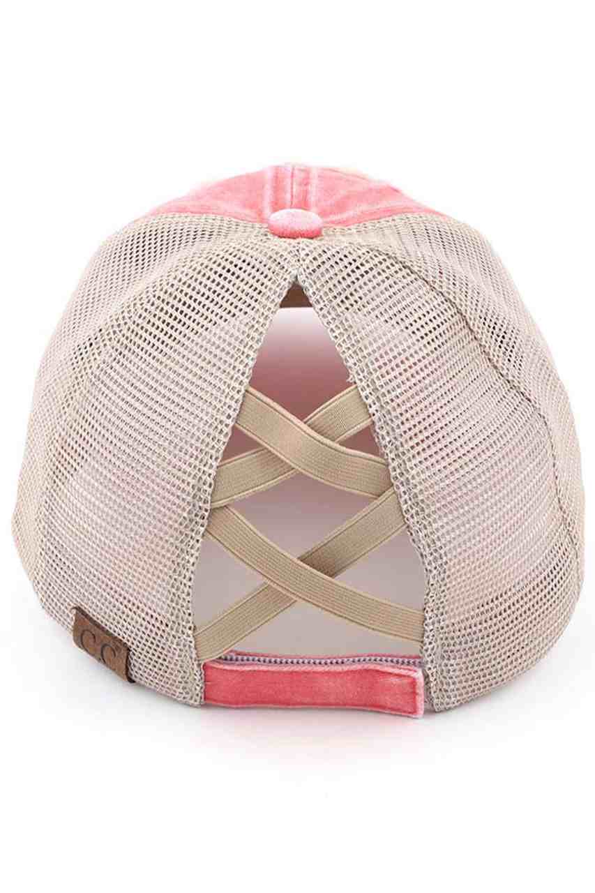 CORAL-C.C DISTRESSED TOP KNOTS AND COFFEE PATCH PONYCAP is an essential accessory for coffee lovers. Made with distressed fabric and a stylish top knot, it also features an embroidered coffee patch. Stay fashionable while showing off your love for coffee.