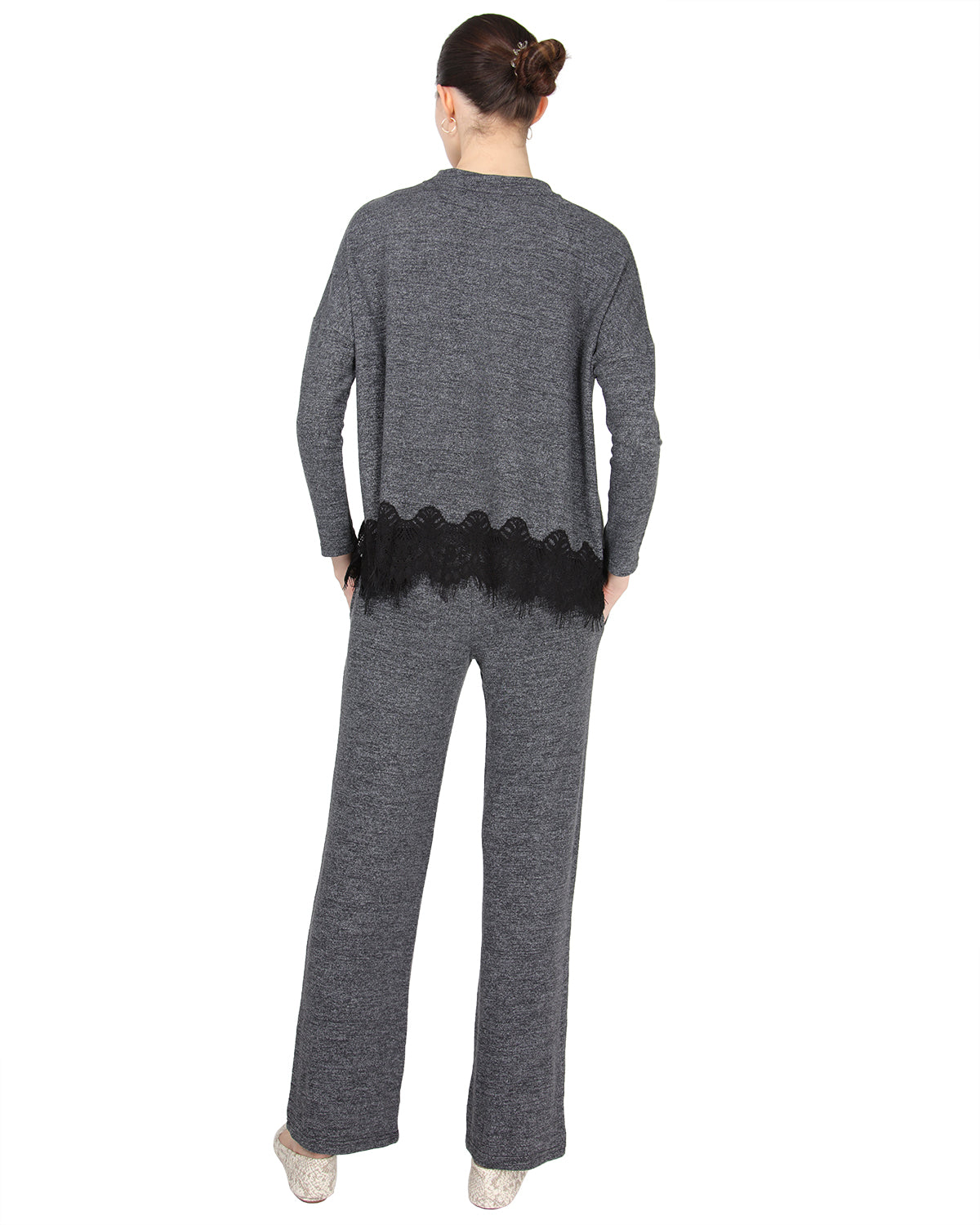 Women's Long Sleeve Lounge Set with Contrast Lace Hem - Charming Charlie