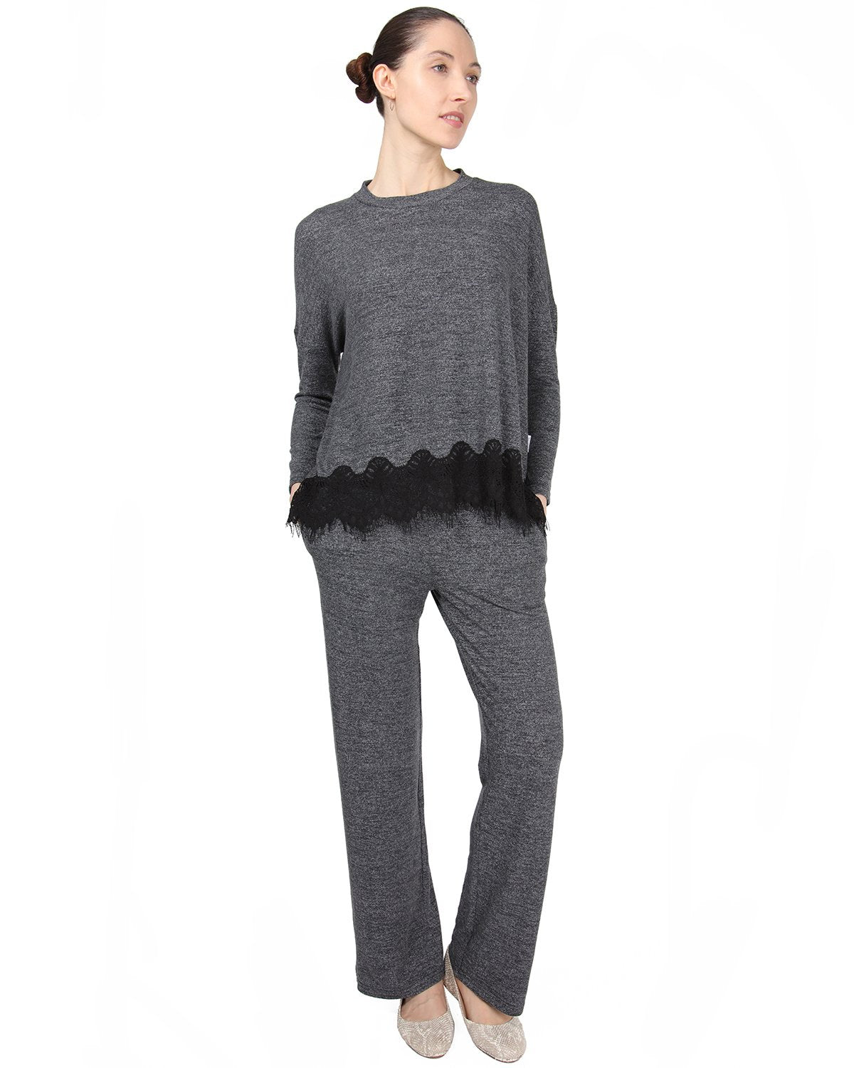Women's Long Sleeve Lounge Set with Contrast Lace Hem - Charming Charlie