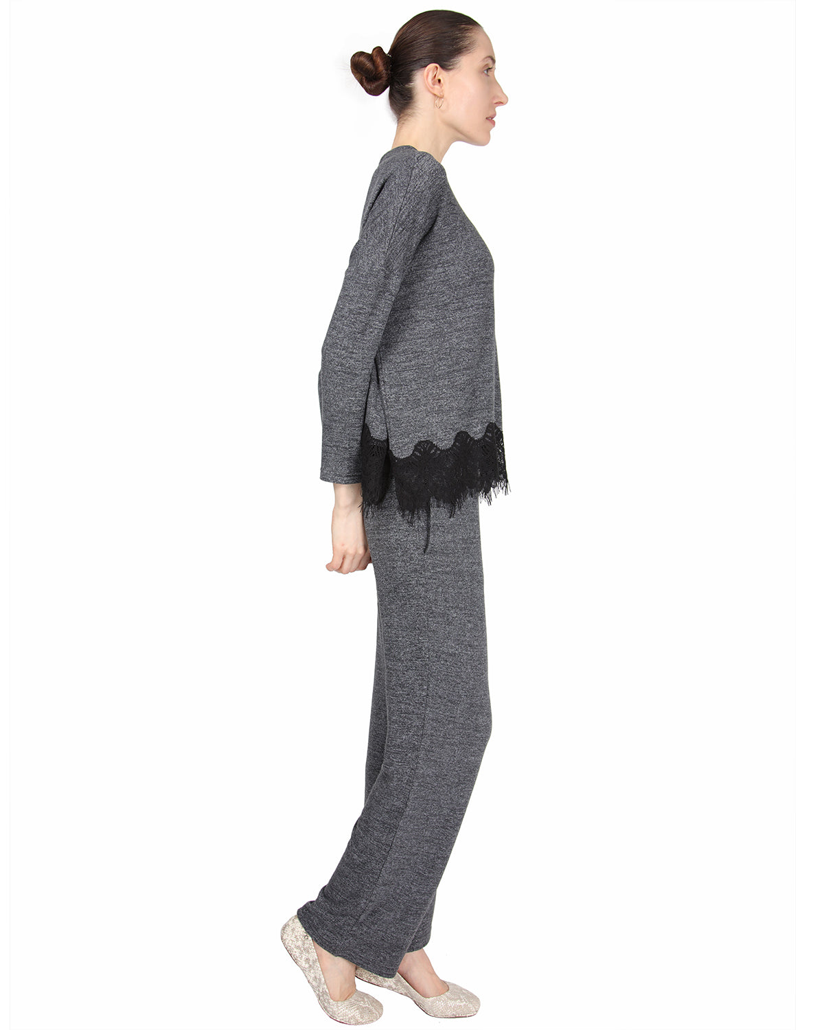 Women's Long Sleeve Lounge Set with Contrast Lace Hem - Charming Charlie