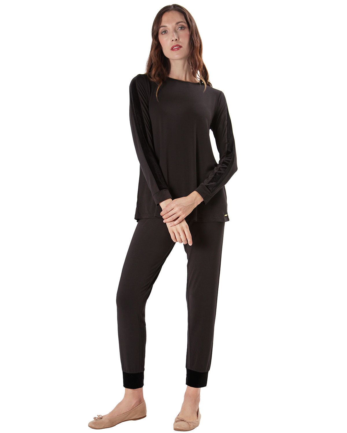 Women's Velvet Racing Stripe Trim Long Sleeve Pajama Set - Charming Charlie
