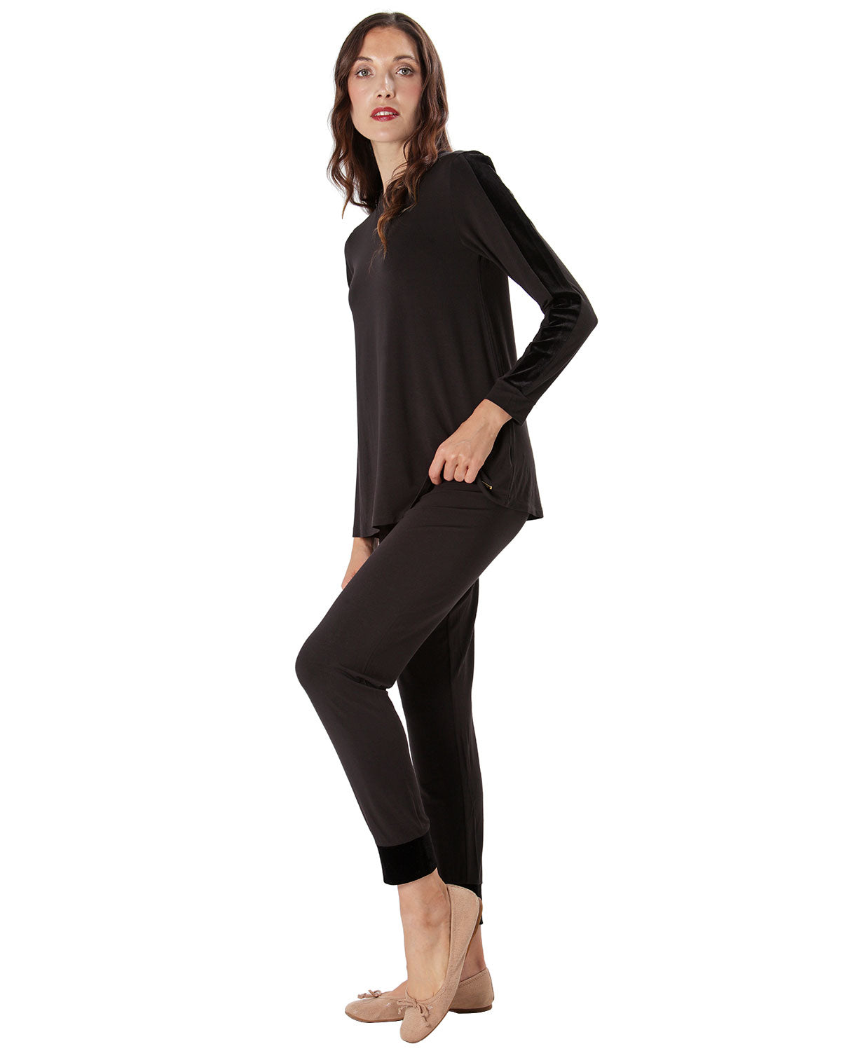 Women's Velvet Racing Stripe Trim Long Sleeve Pajama Set - Charming Charlie