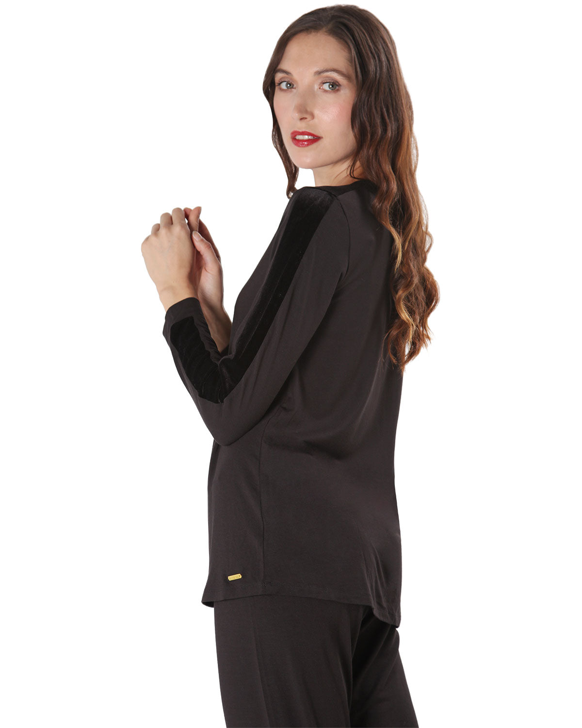 Women's Velvet Racing Stripe Trim Long Sleeve Pajama Set - Charming Charlie