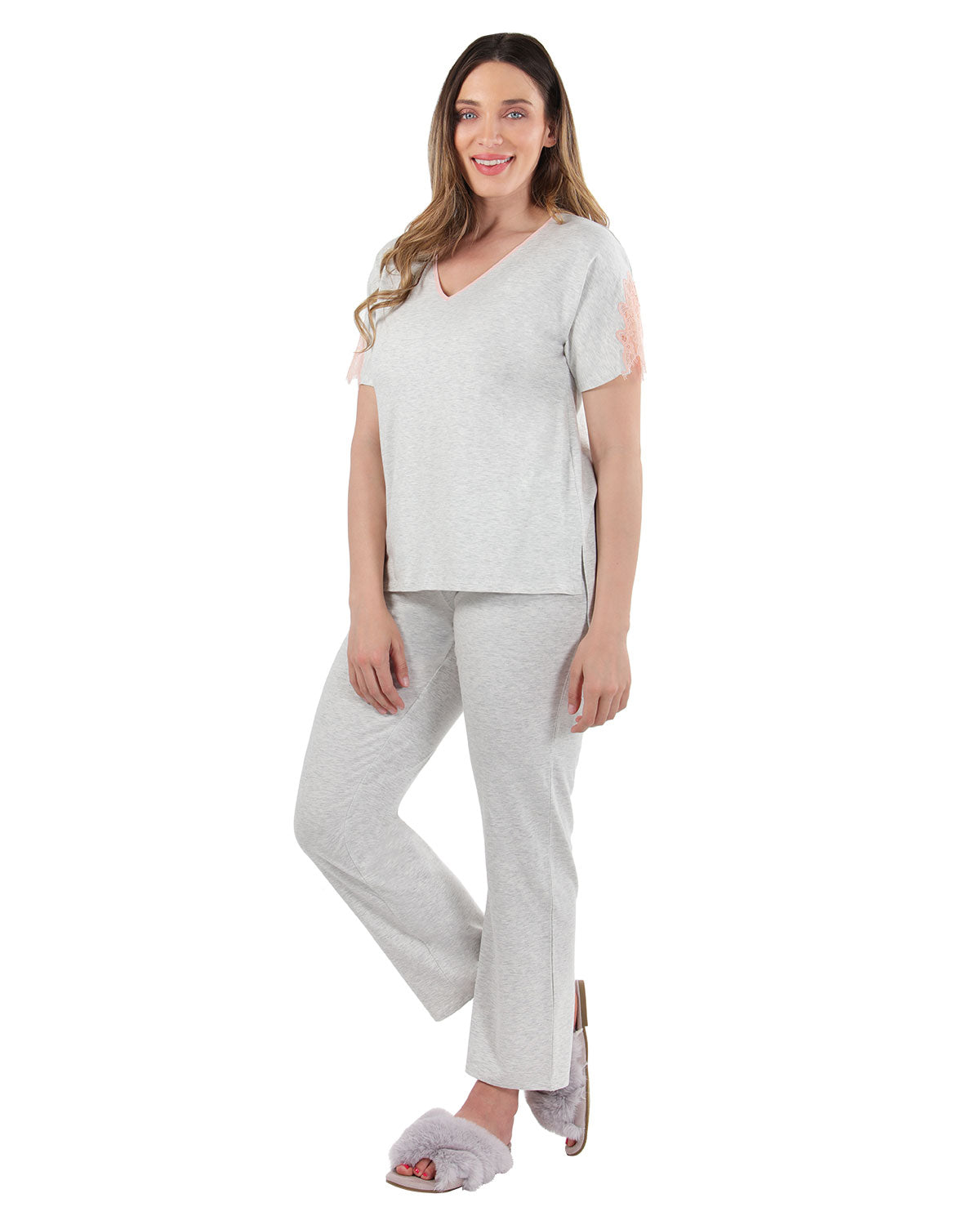 Women's Cotton Blend Lace Trim Short Sleeve Top and Pants Sleep Set - Charming Charlie