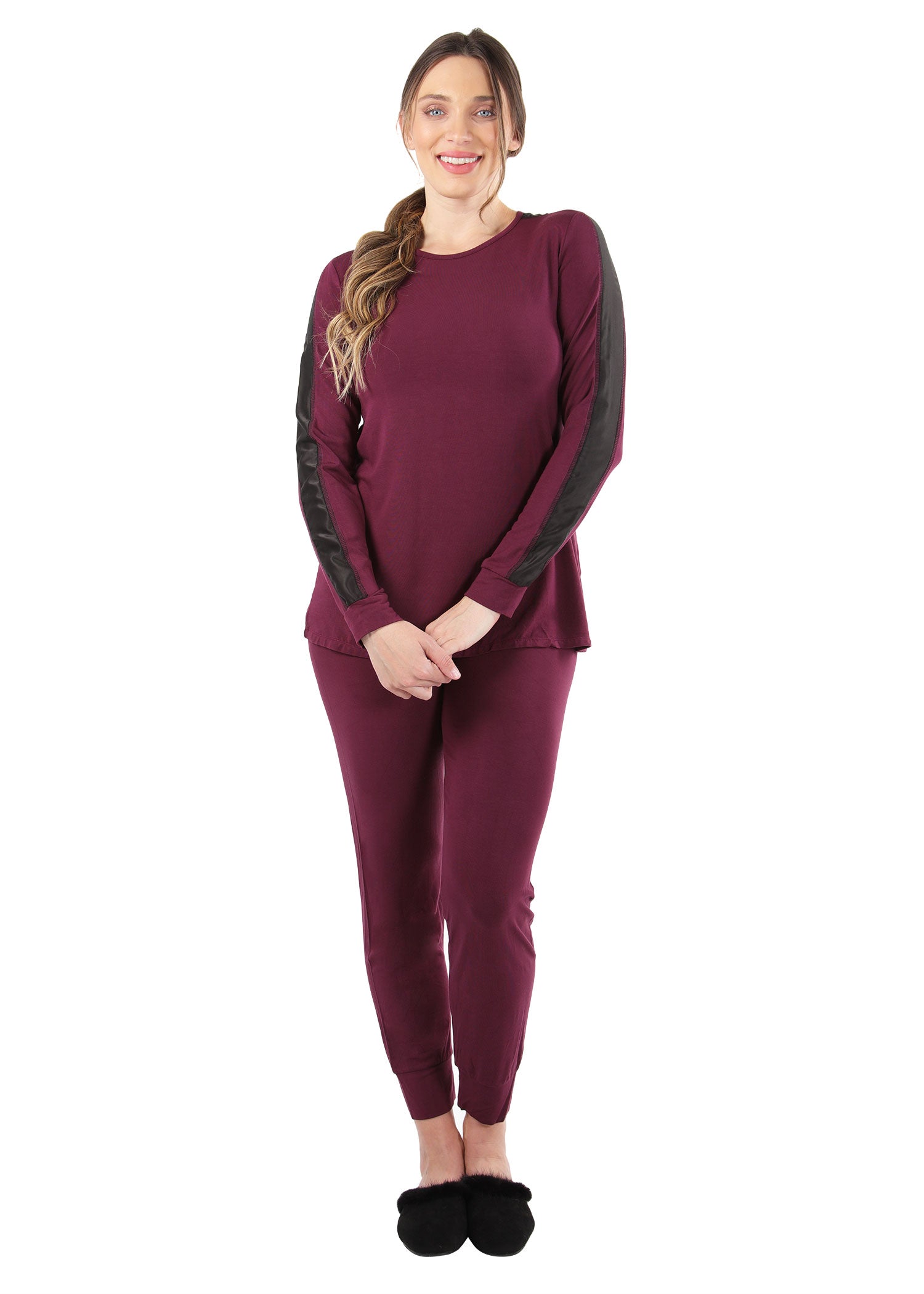 Women's Satin Trim Long Sleeve Matching Pajama Set - Charming Charlie
