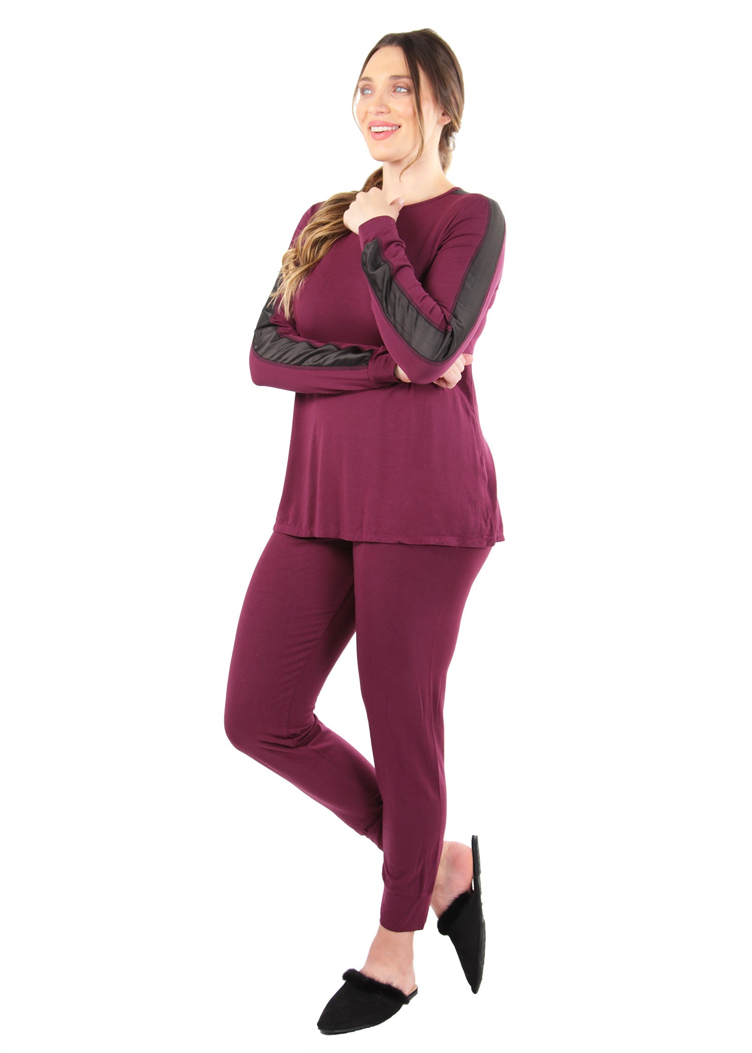 Women's Satin Trim Long Sleeve Matching Pajama Set - Charming Charlie