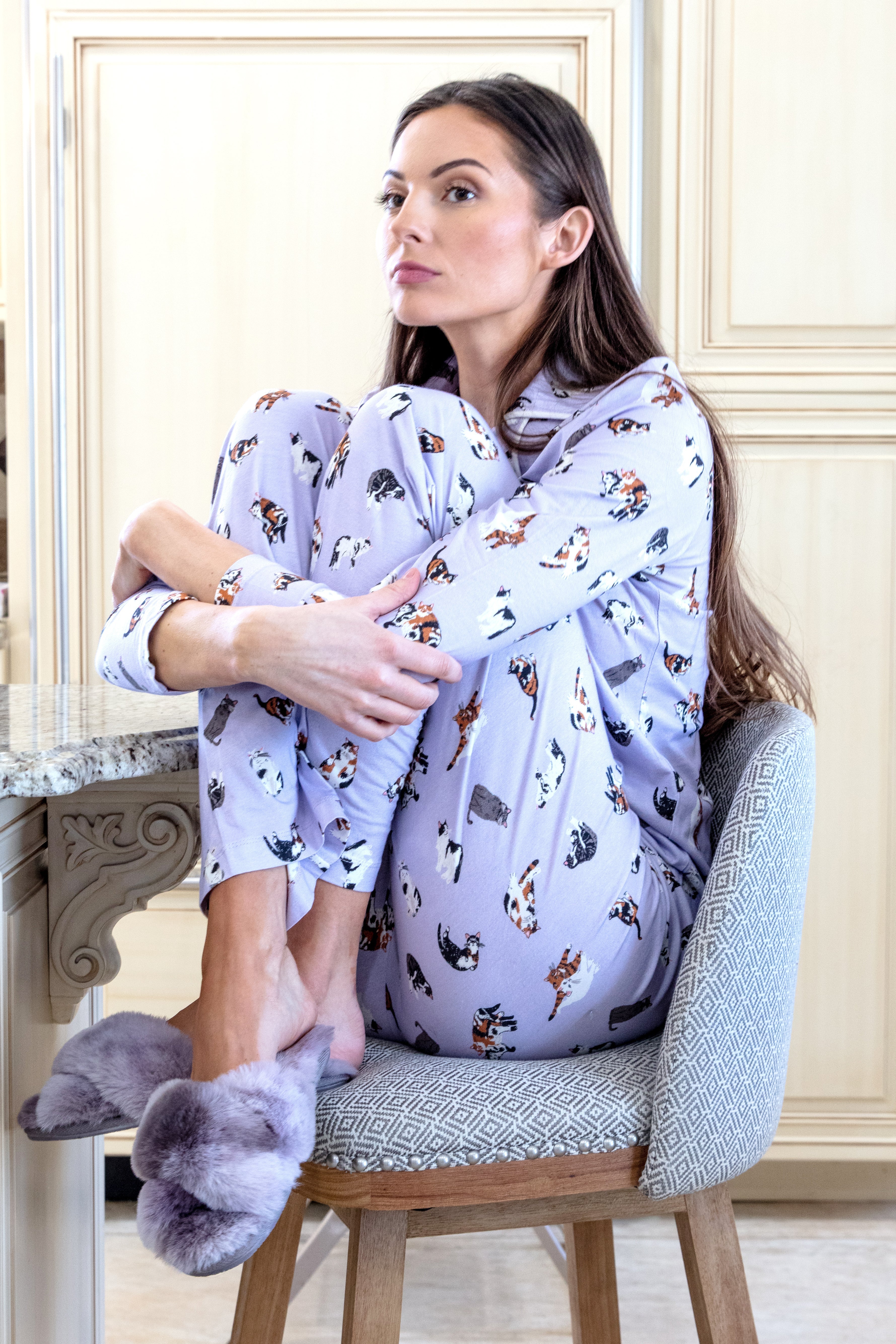 Women's Crazy Cats Notch Collar Cotton Blend Pant Pajama Set - Charming Charlie