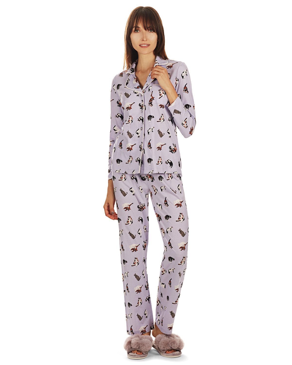 Women's Crazy Cats Notch Collar Cotton Blend Pant Pajama Set - Charming Charlie