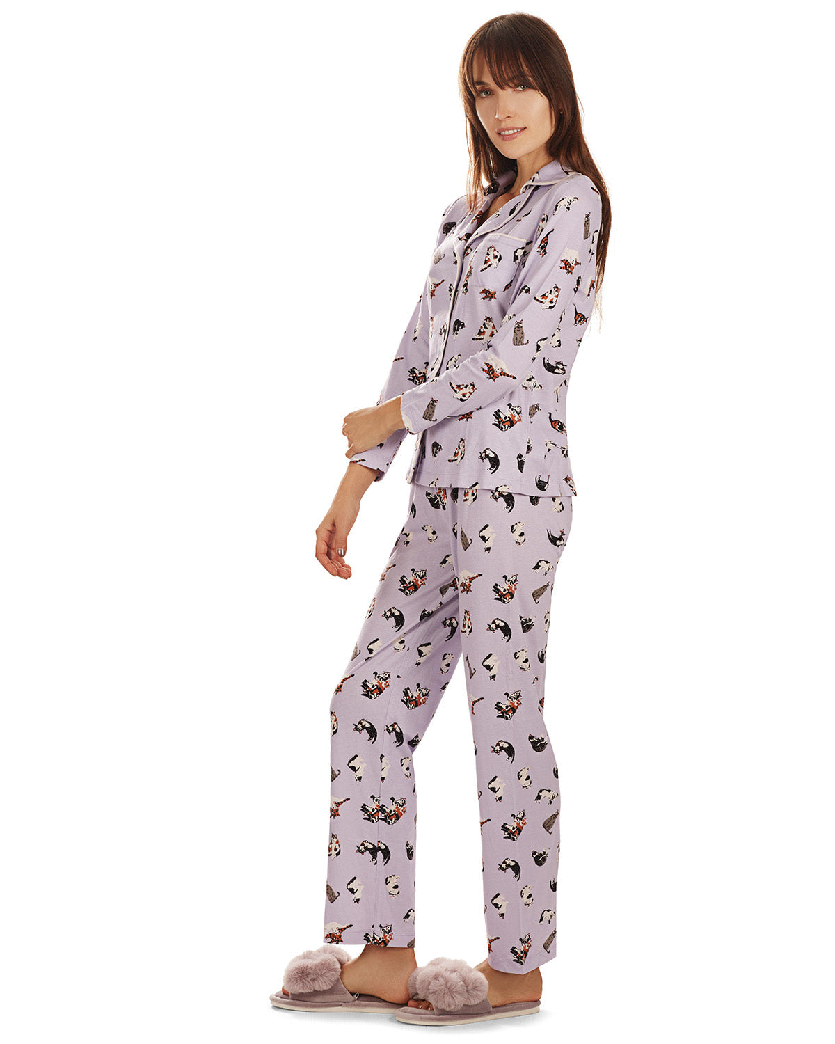 Women's Crazy Cats Notch Collar Cotton Blend Pant Pajama Set - Charming Charlie