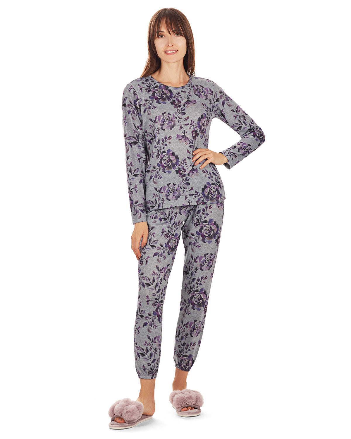 2 Piece Women's Purple Blossom Long Sleeve and Tapered Pant Pajama Set - Charming Charlie