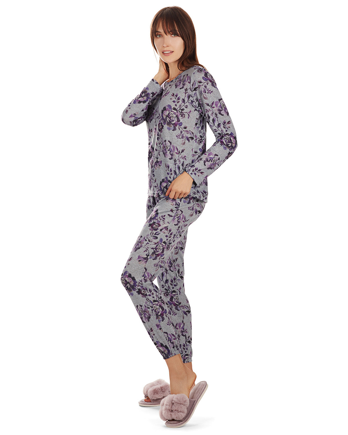 2 Piece Women's Purple Blossom Long Sleeve and Tapered Pant Pajama Set - Charming Charlie