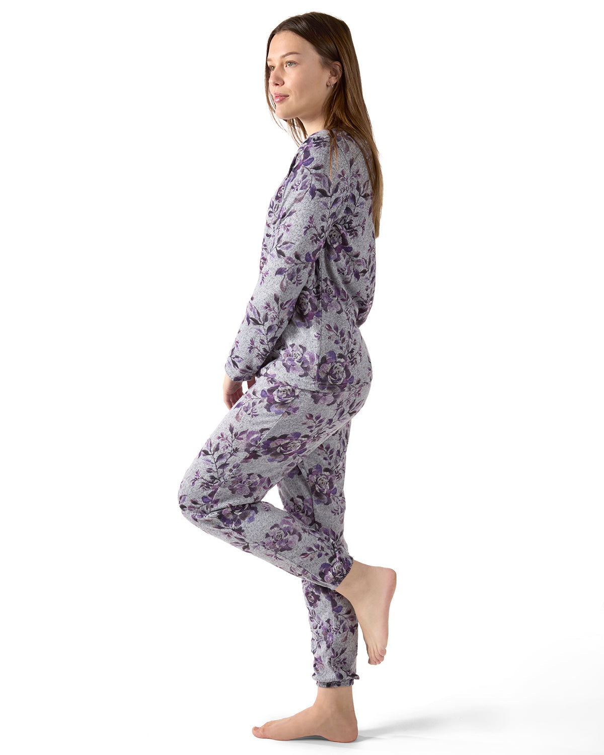 2 Piece Women's Purple Blossom Long Sleeve and Tapered Pant Pajama Set - Charming Charlie