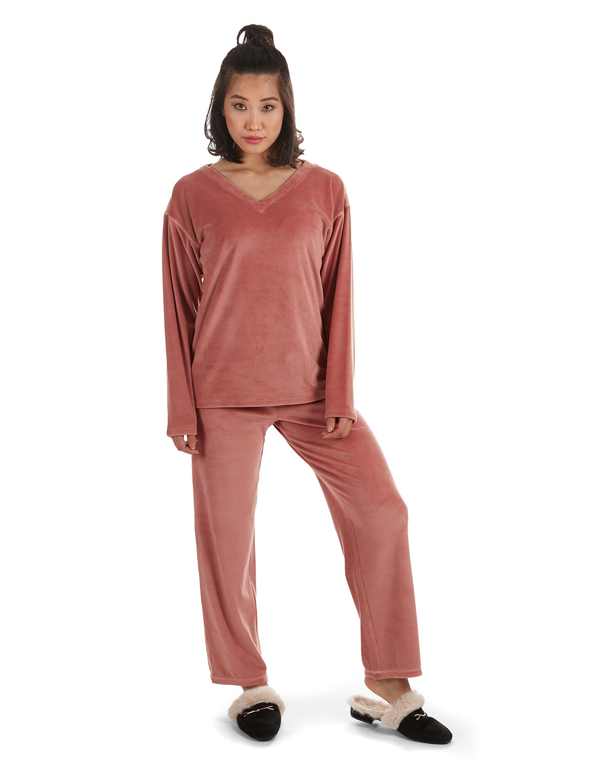 2 Piece Women's Velour V-Neck Sweatshirt Lounge Set - Charming Charlie