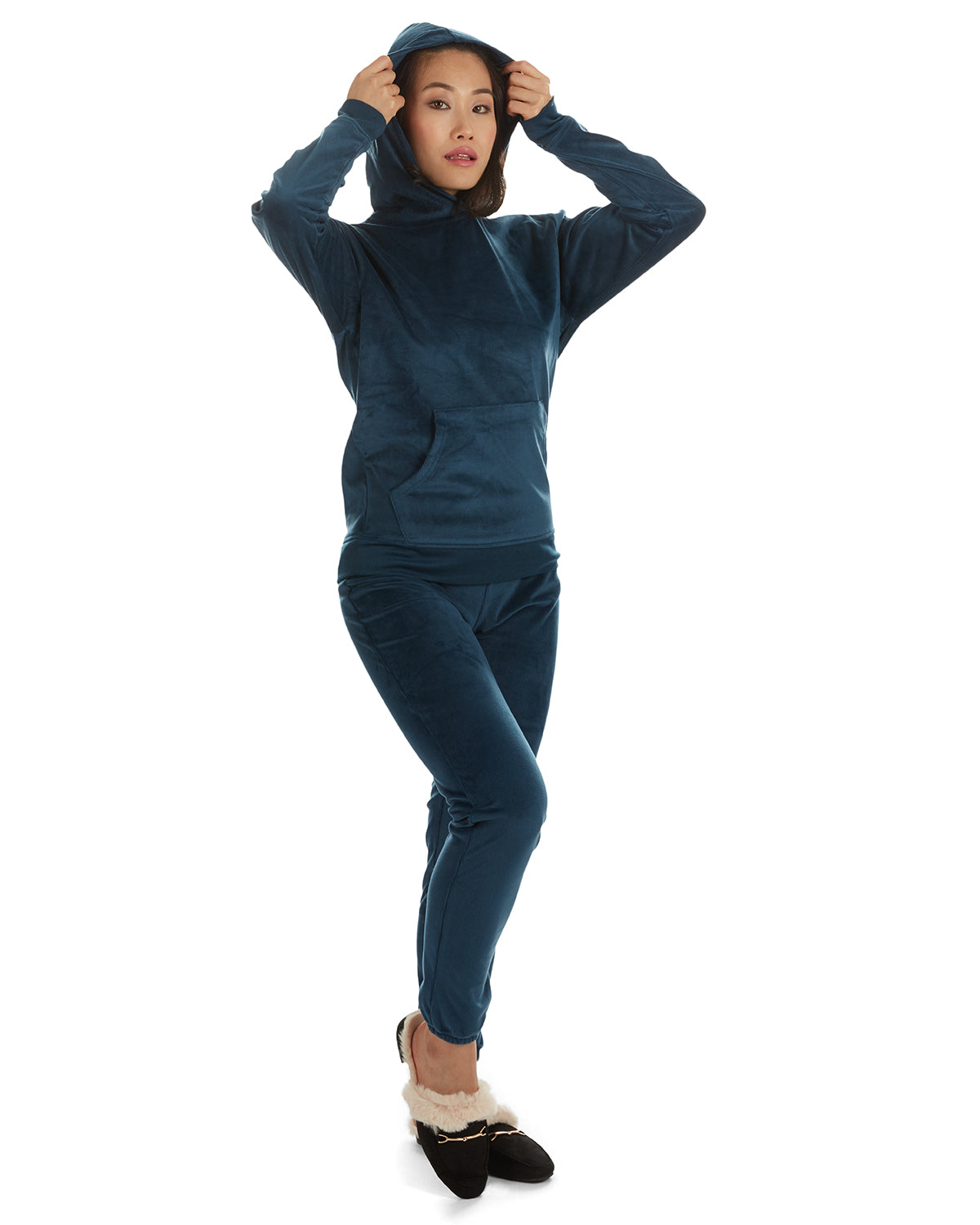2 Piece Women's Plush Ribbed Velour Hooded Sweatshirt Set - Charming Charlie