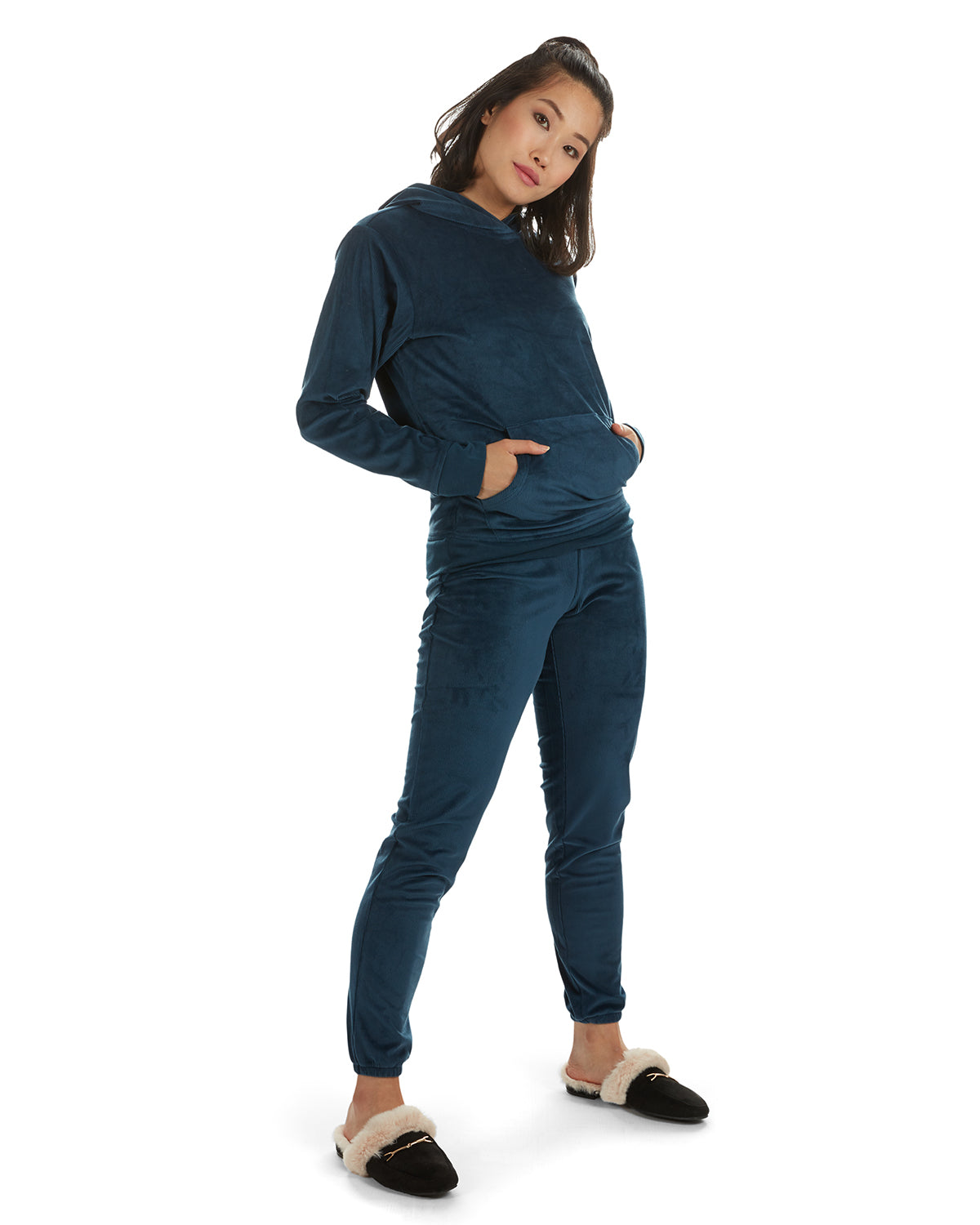 2 Piece Women's Plush Ribbed Velour Hooded Sweatshirt Set - Charming Charlie