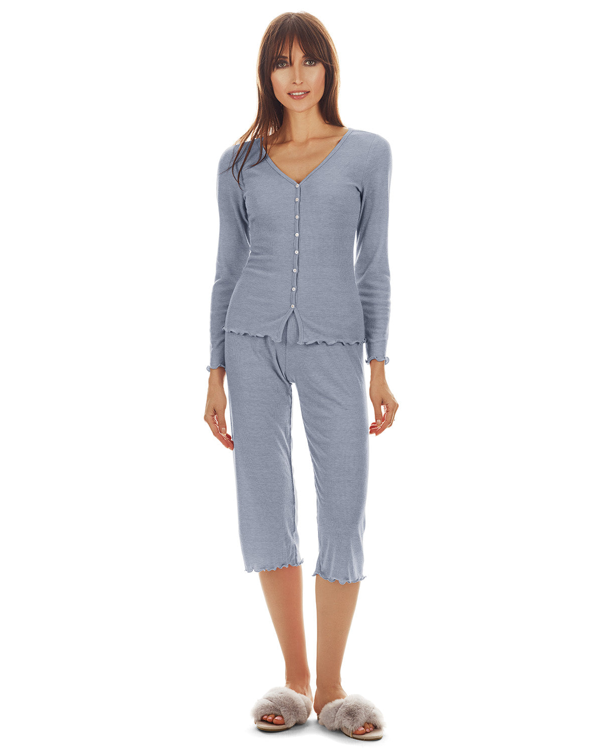 Women's Ruffled Lettuce Edge Rib Long Sleeve and Capri Set - Charming Charlie