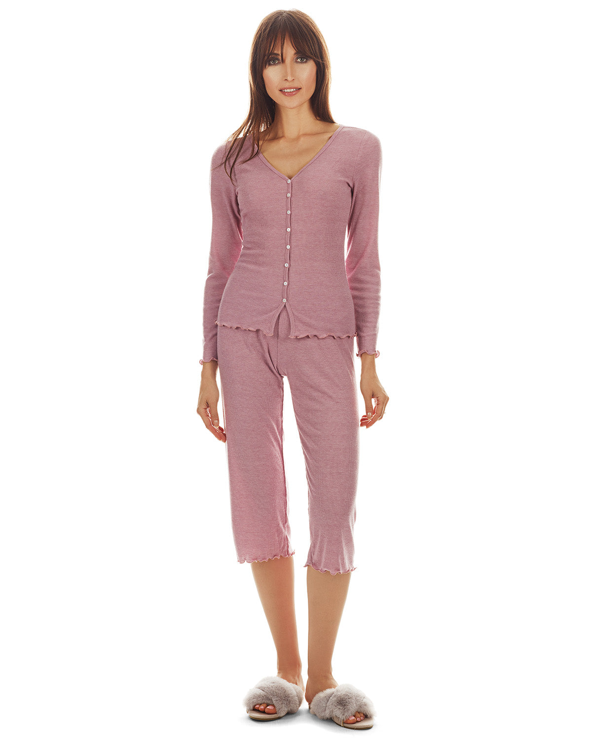 Women's Ruffled Lettuce Edge Rib Long Sleeve and Capri Set - Charming Charlie