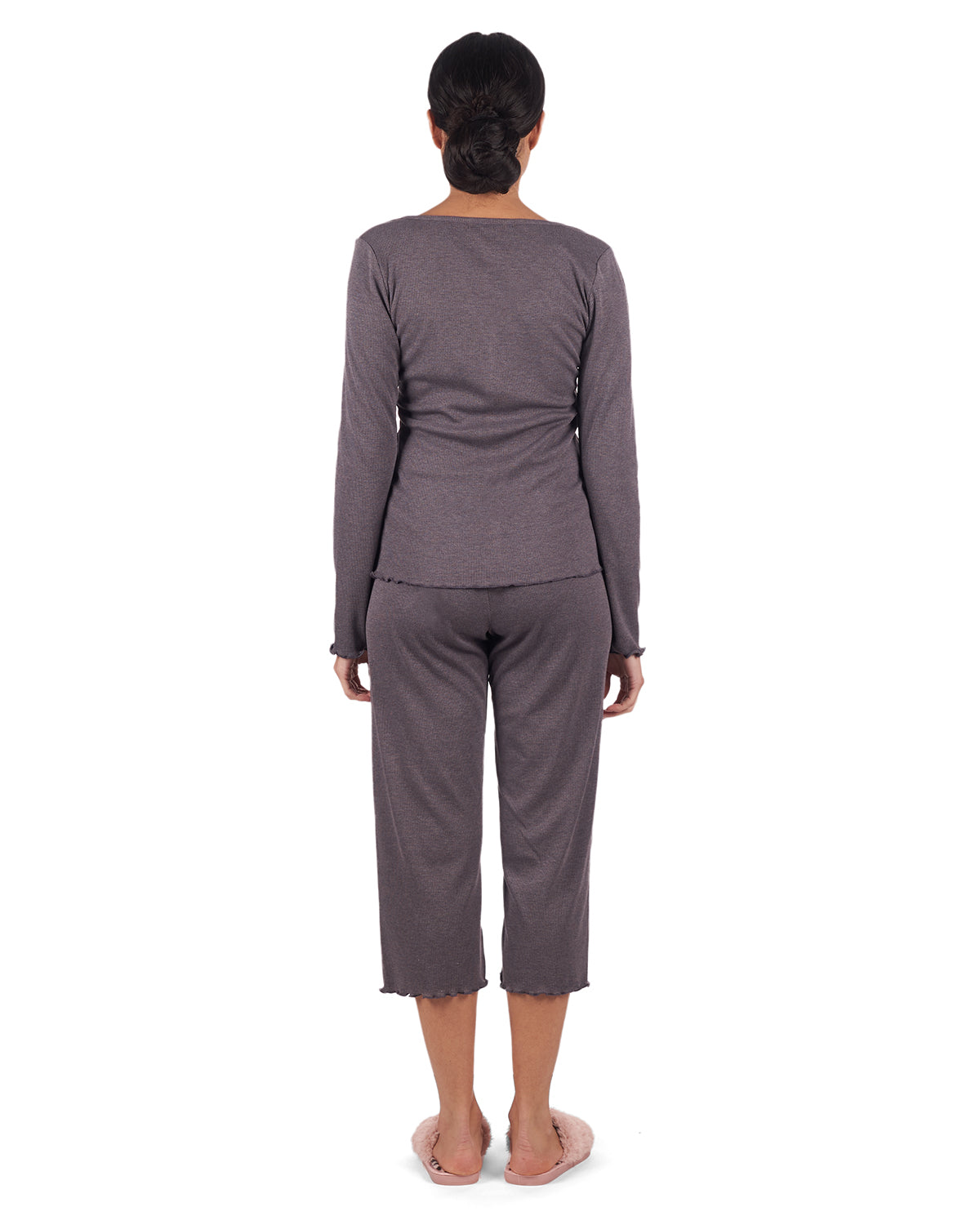 Women's Ruffled Lettuce Edge Rib Long Sleeve and Capri Set - Charming Charlie