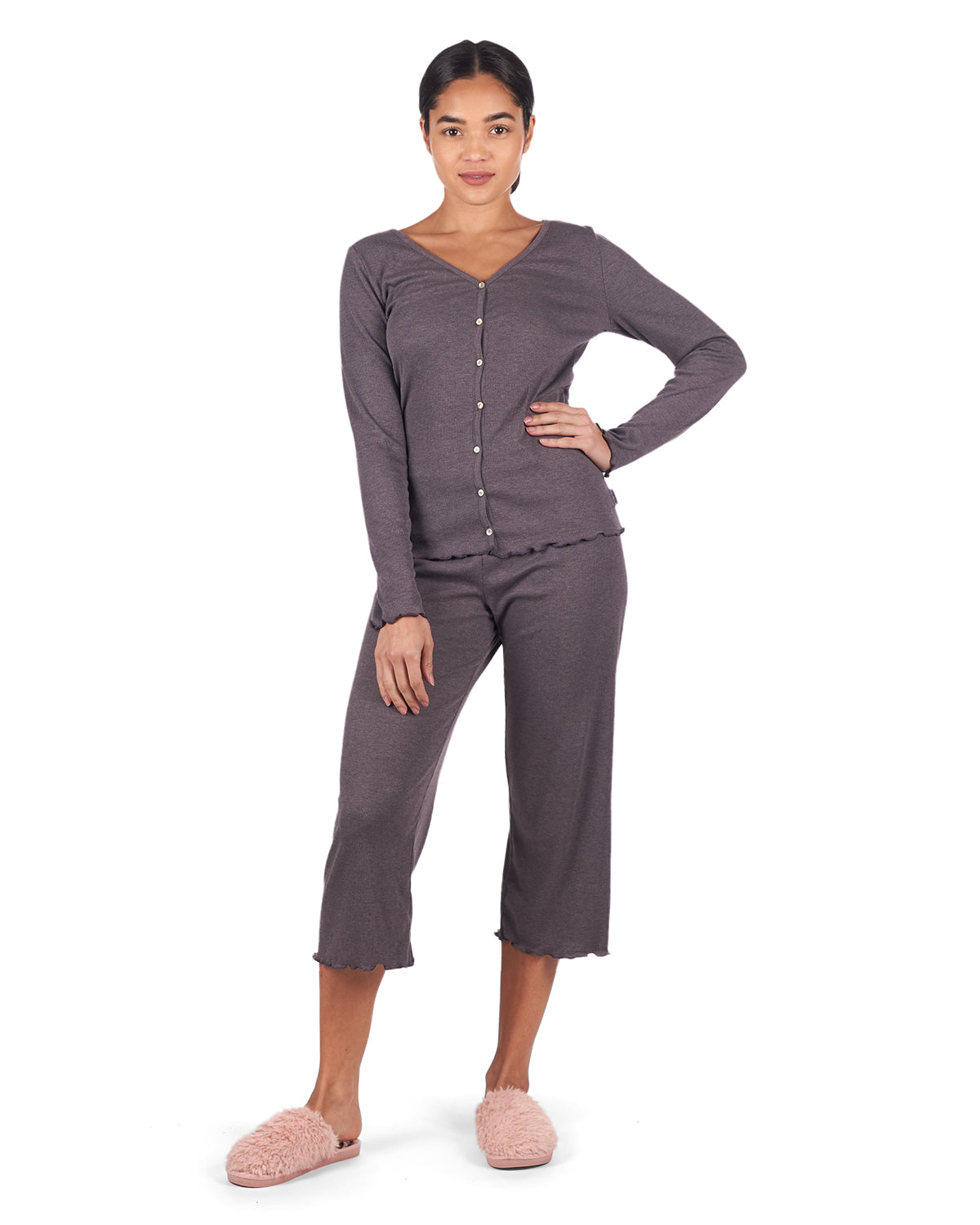 Women's Ruffled Lettuce Edge Rib Long Sleeve and Capri Set - Charming Charlie