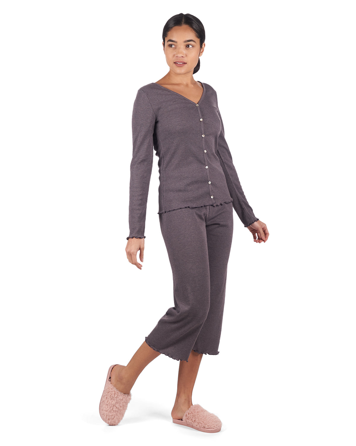 Women's Ruffled Lettuce Edge Rib Long Sleeve and Capri Set - Charming Charlie
