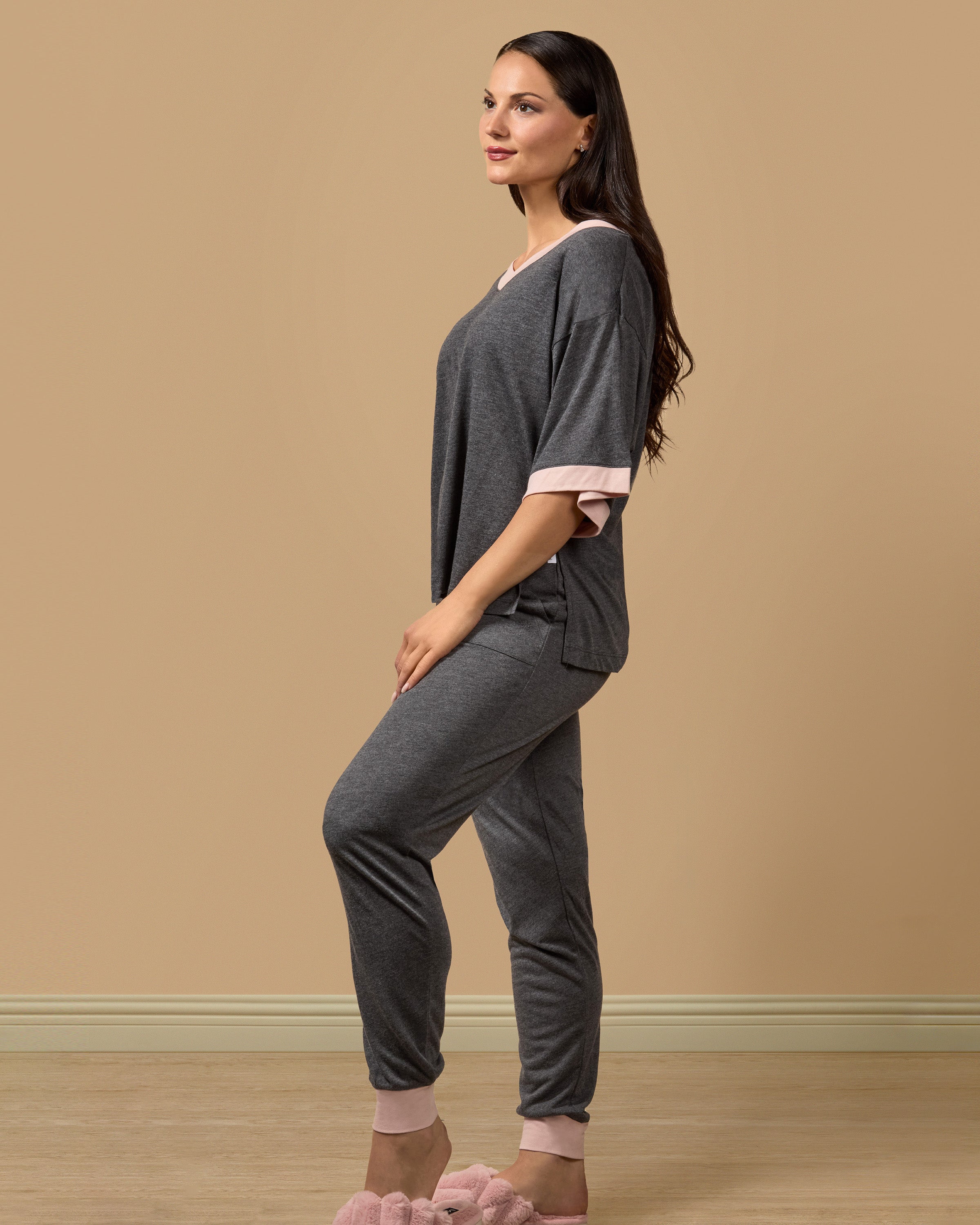 Women's Contrast Trim Loose Fit Modal Short Sleeve and Pants Set - Charming Charlie