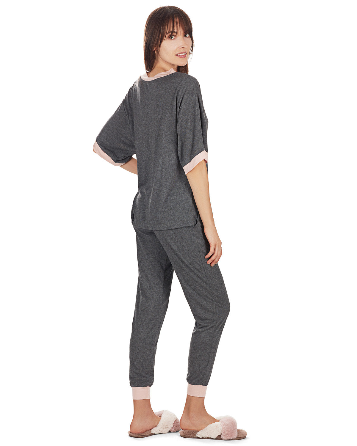 Women's Contrast Trim Loose Fit Modal Short Sleeve and Pants Set - Charming Charlie
