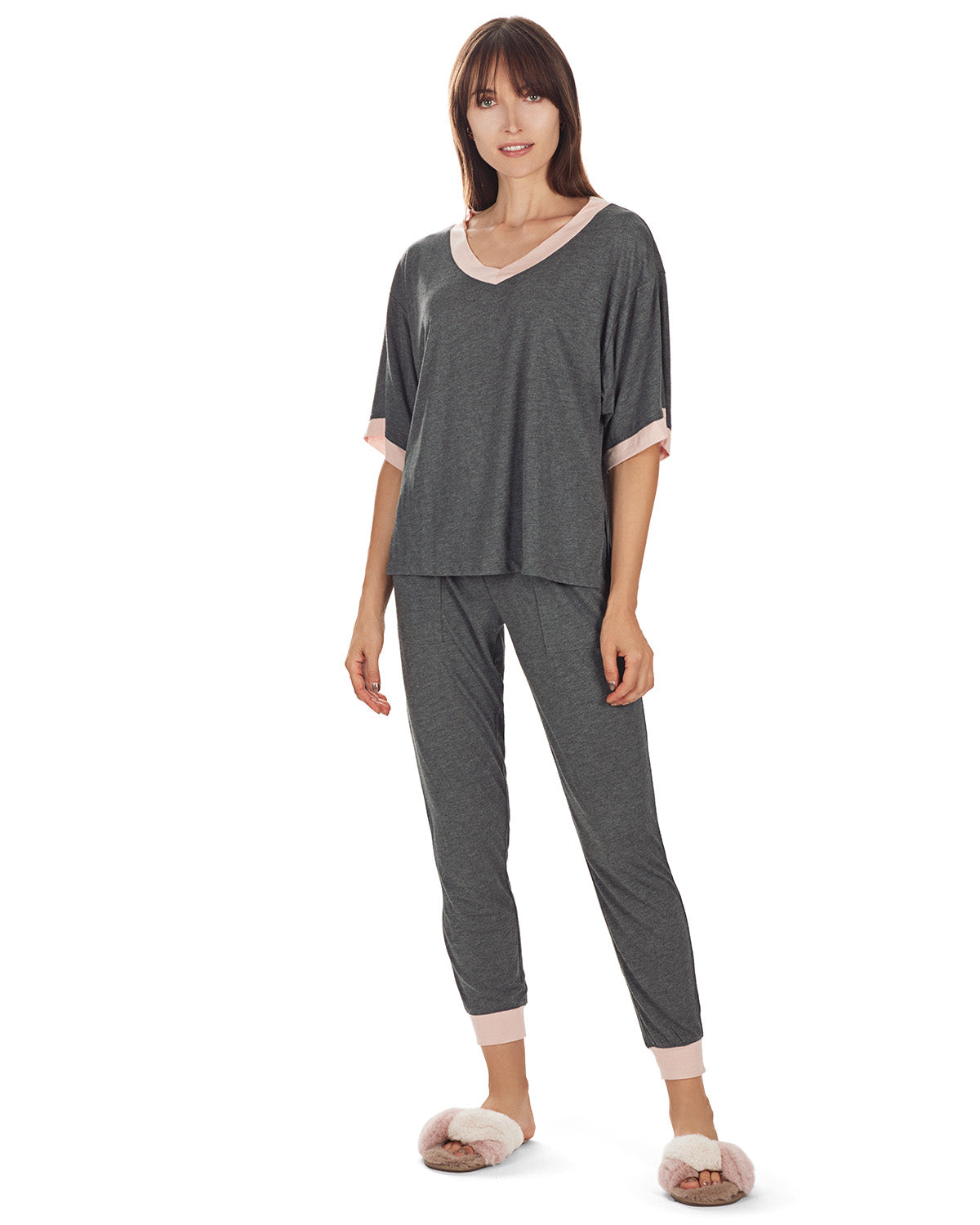 Women's Contrast Trim Loose Fit Modal Short Sleeve and Pants Set - Charming Charlie