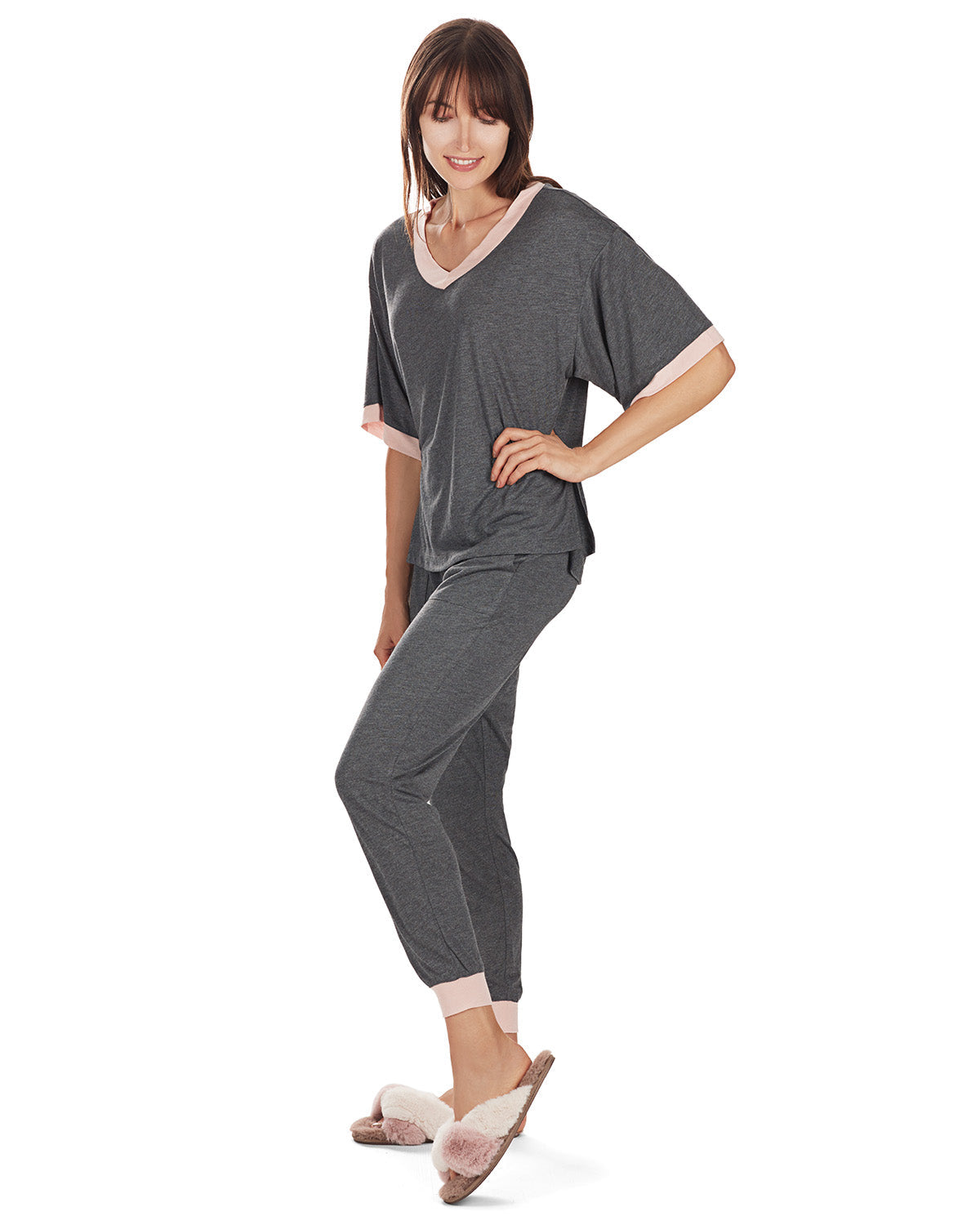 Women's Contrast Trim Loose Fit Modal Short Sleeve and Pants Set - Charming Charlie