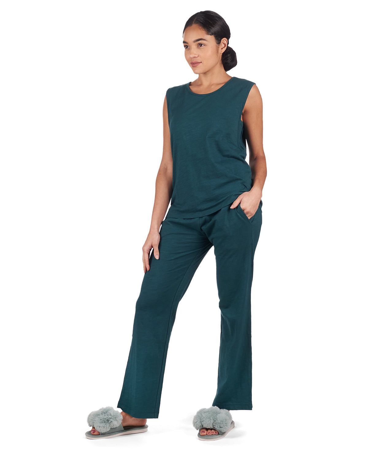 Women's Relaxed Fit 100% Cotton Slub Knit Pants and T-Shirt Set - Charming Charlie
