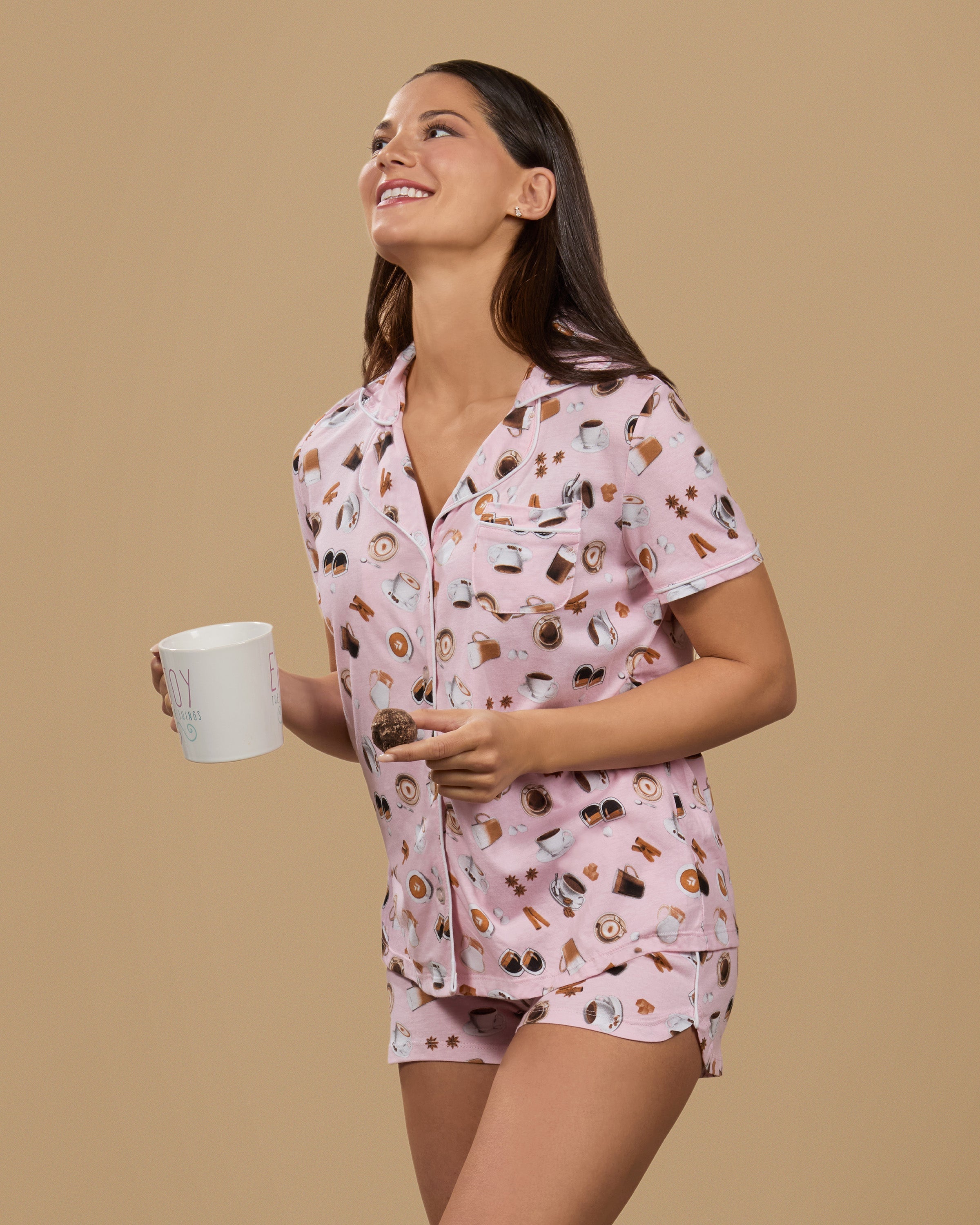 Women's Coffee Lovers Notch Collar Cotton Blend Pajama Set - Charming Charlie