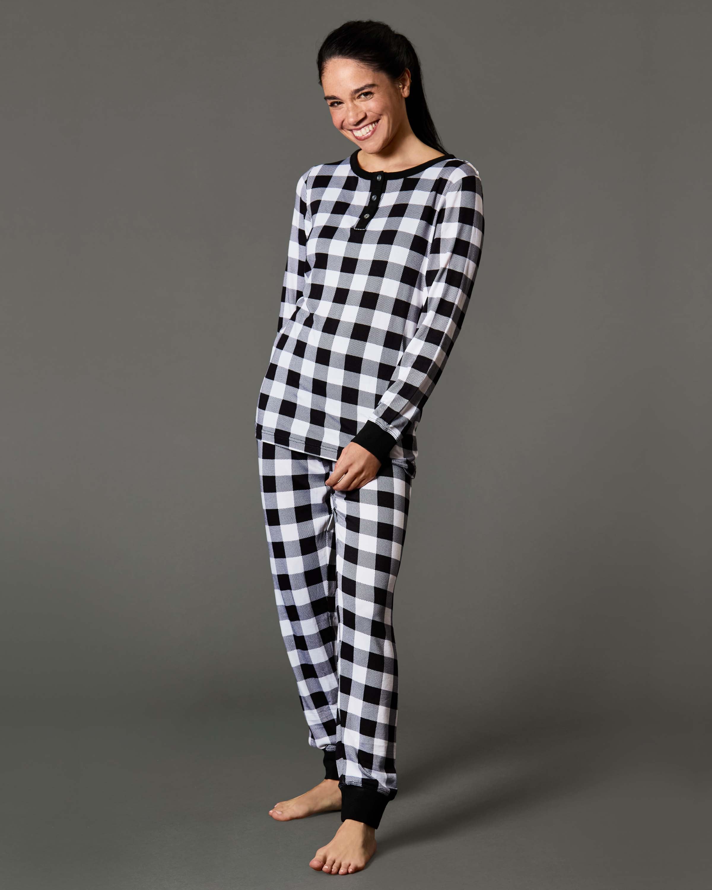 Women's Henley Buffalo Plaid Long Sleeve Pajama Set - Charming Charlie