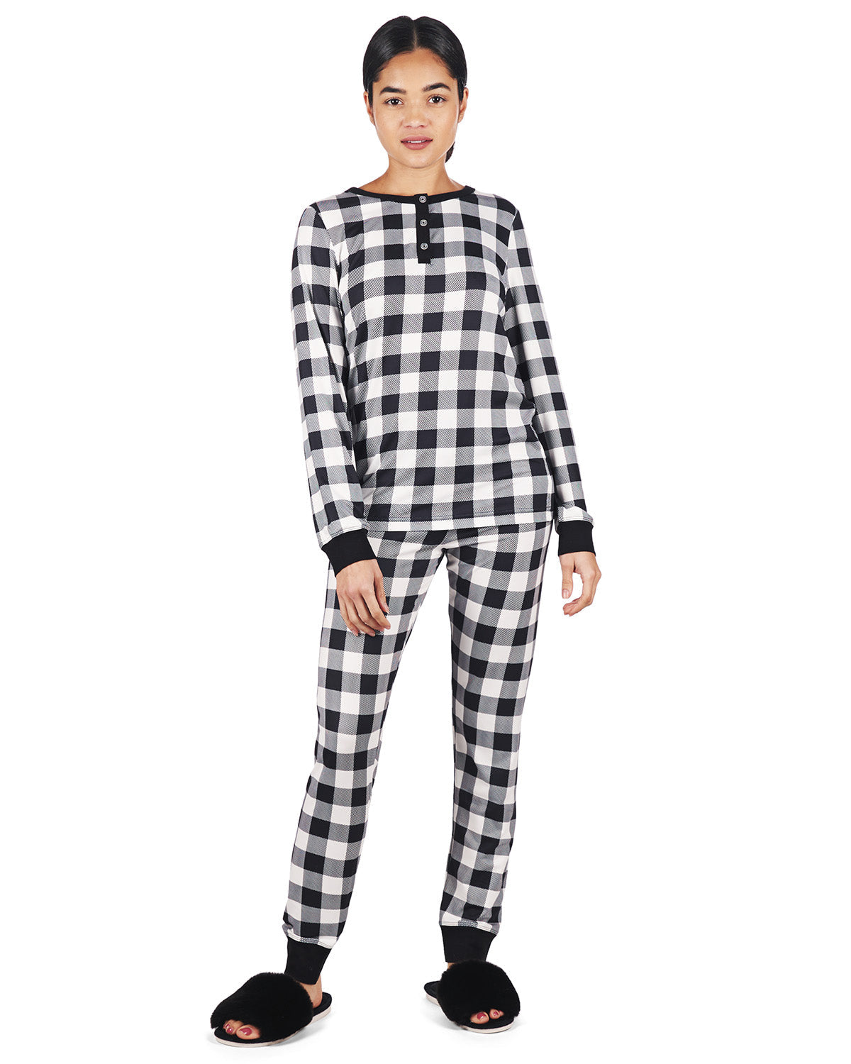 Women's Henley Buffalo Plaid Long Sleeve Pajama Set - Charming Charlie