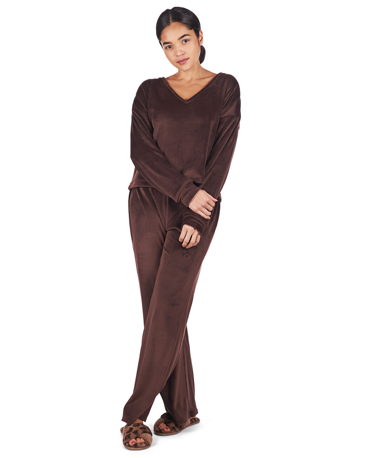 Women's Velour Loose Fit V-Neck Sweatshirt and Pants Set - Charming Charlie