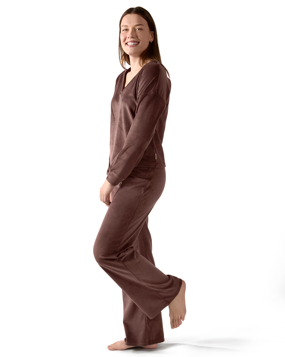 Women's Velour Loose Fit V-Neck Sweatshirt and Pants Set - Charming Charlie