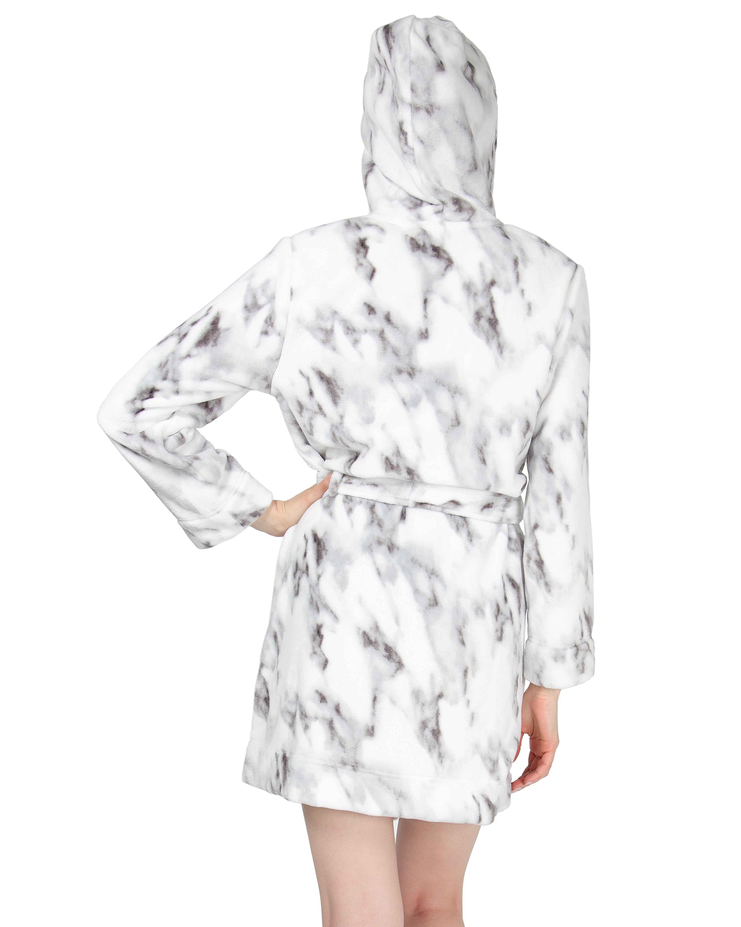 Women's Marble Plush Hooded Robe with Pom-Pom Drawstrings - Charming Charlie