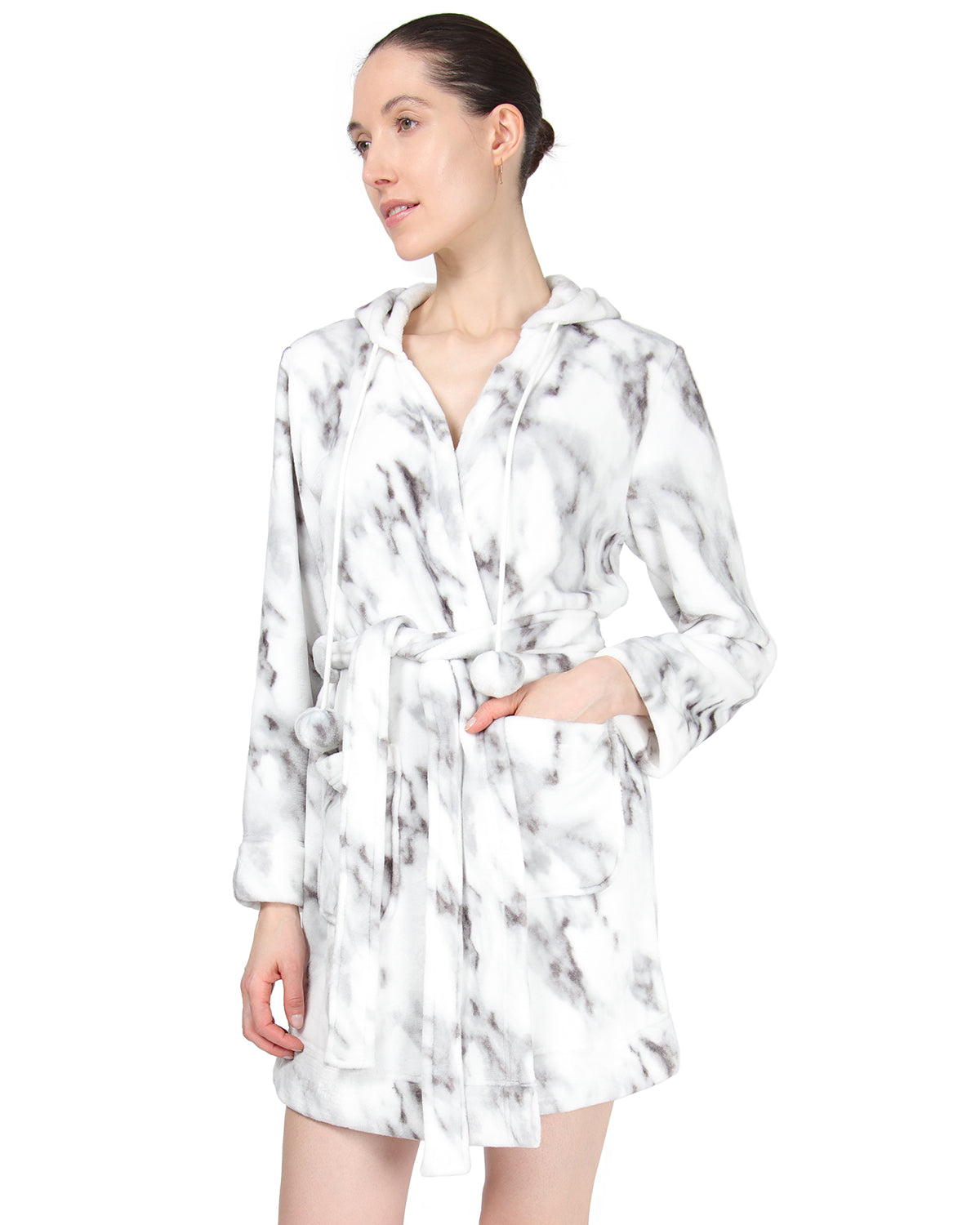 Women's Marble Plush Hooded Robe with Pom-Pom Drawstrings - Charming Charlie