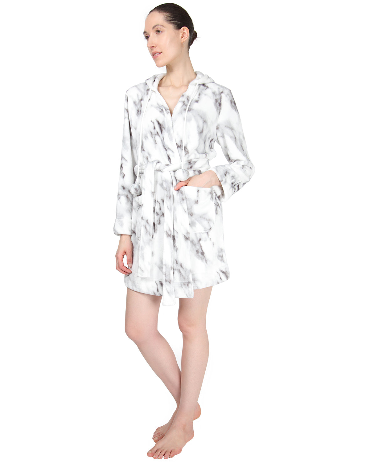 Women's Marble Plush Hooded Robe with Pom-Pom Drawstrings - Charming Charlie